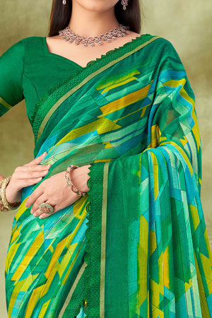 Green Digital Printed Chiffon Saree Accented With Elegant Lace Border