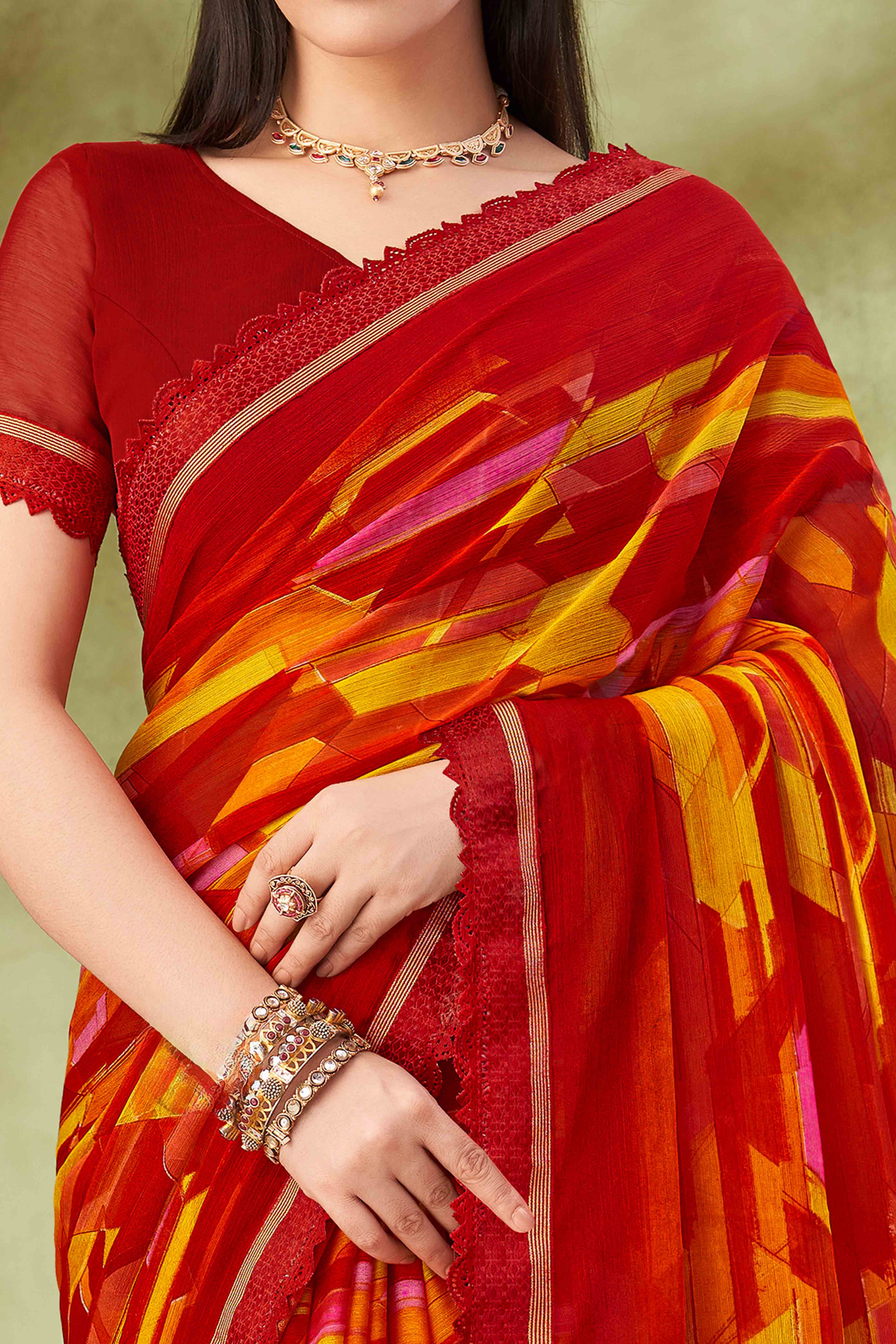 Maroon Digital Printed Chiffon Saree Accented With Elegant Lace Border