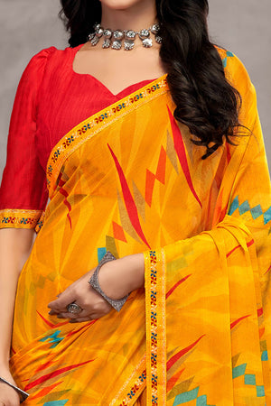 Majestic Mustard Chiffon Saree Featuring Digital Print & Graceful Lace Border