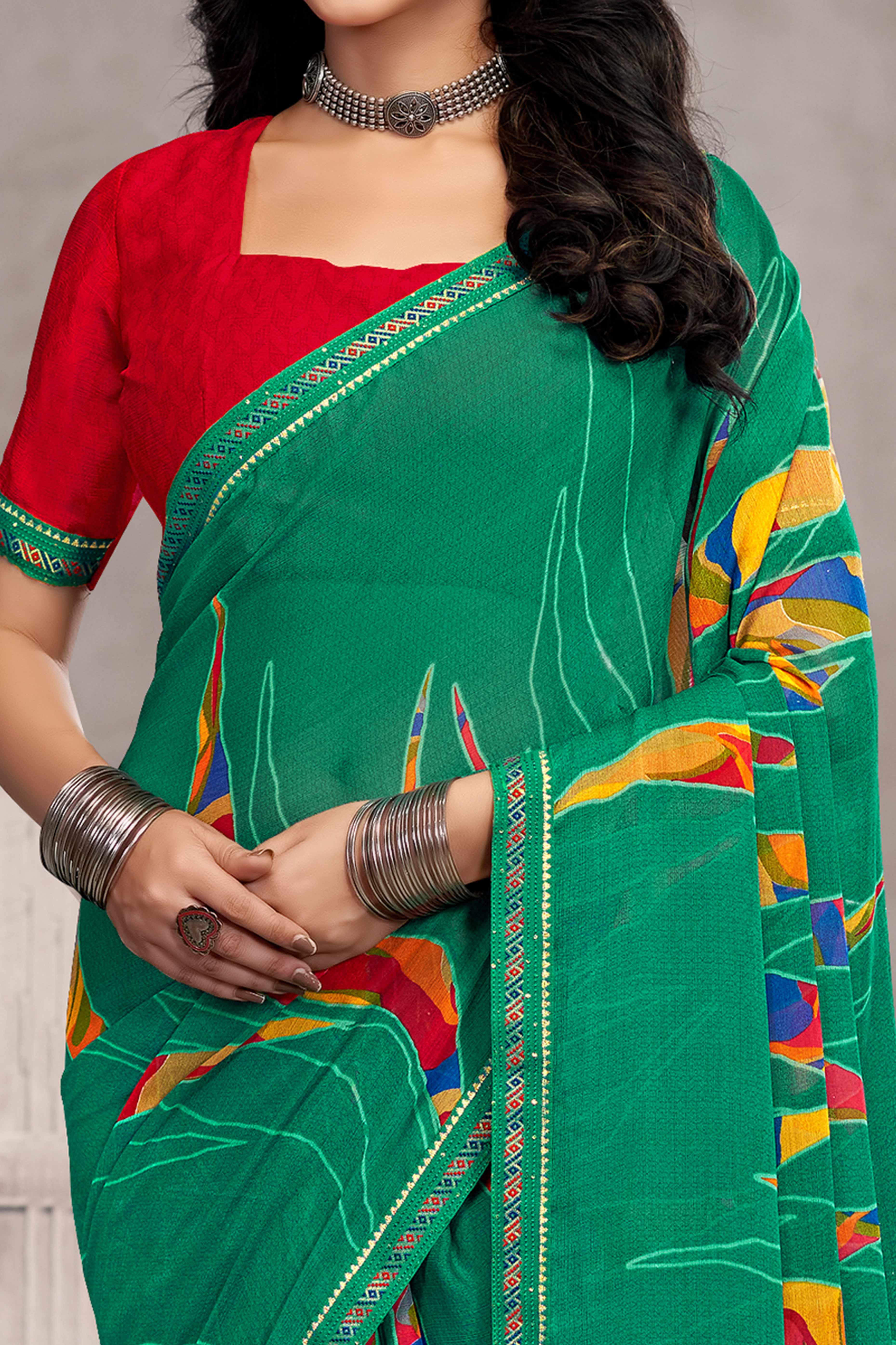 Elegant Green Chiffon Saree Featuring Digital Print & Graceful Lace Border