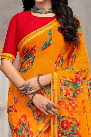 Sophisticated Mustard Chiffon Saree Featuring Digital Print & Graceful Lace Border