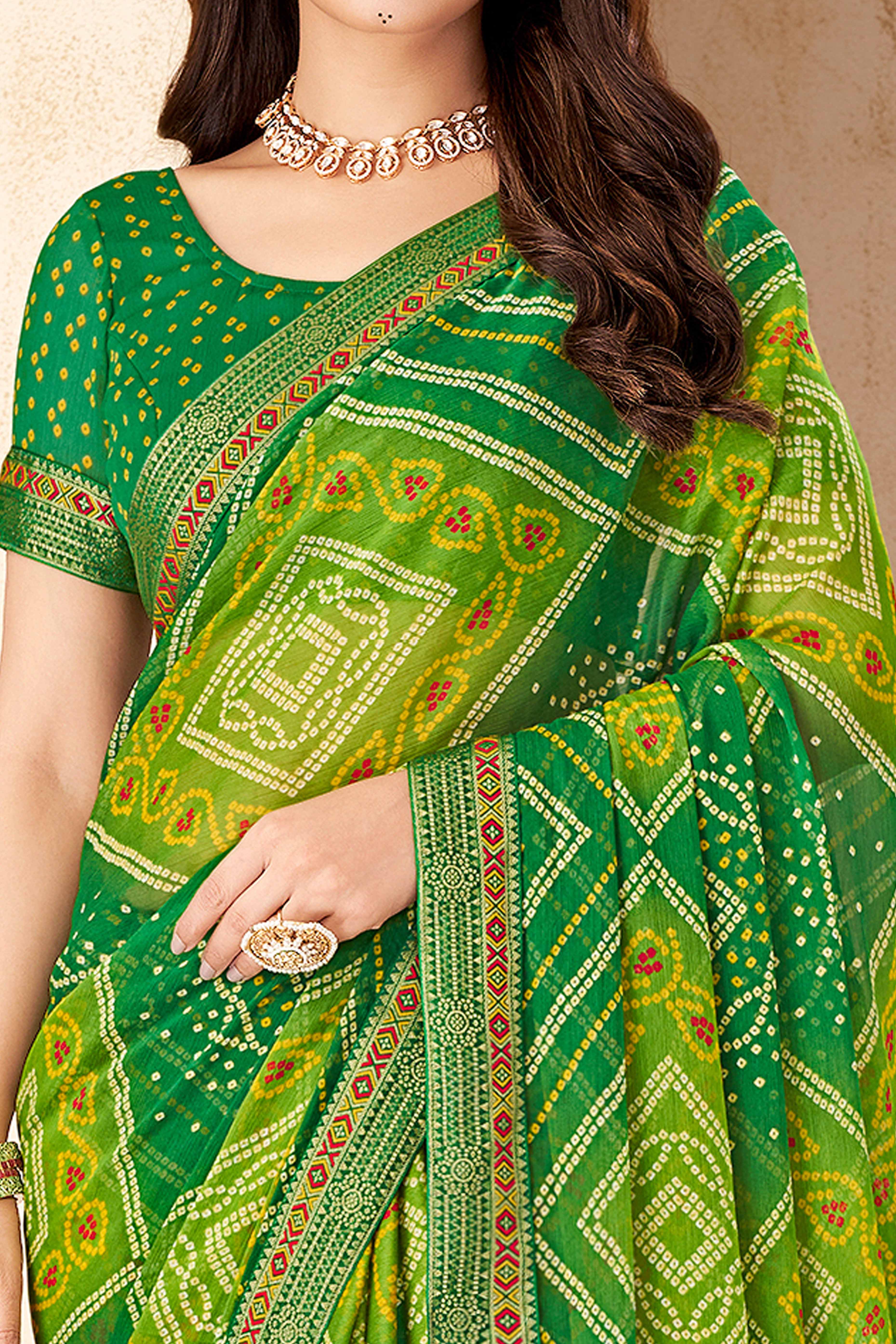 Olive Green Bandhani Printed Chiffon Saree Enhanced with Delicate Lace Border Work