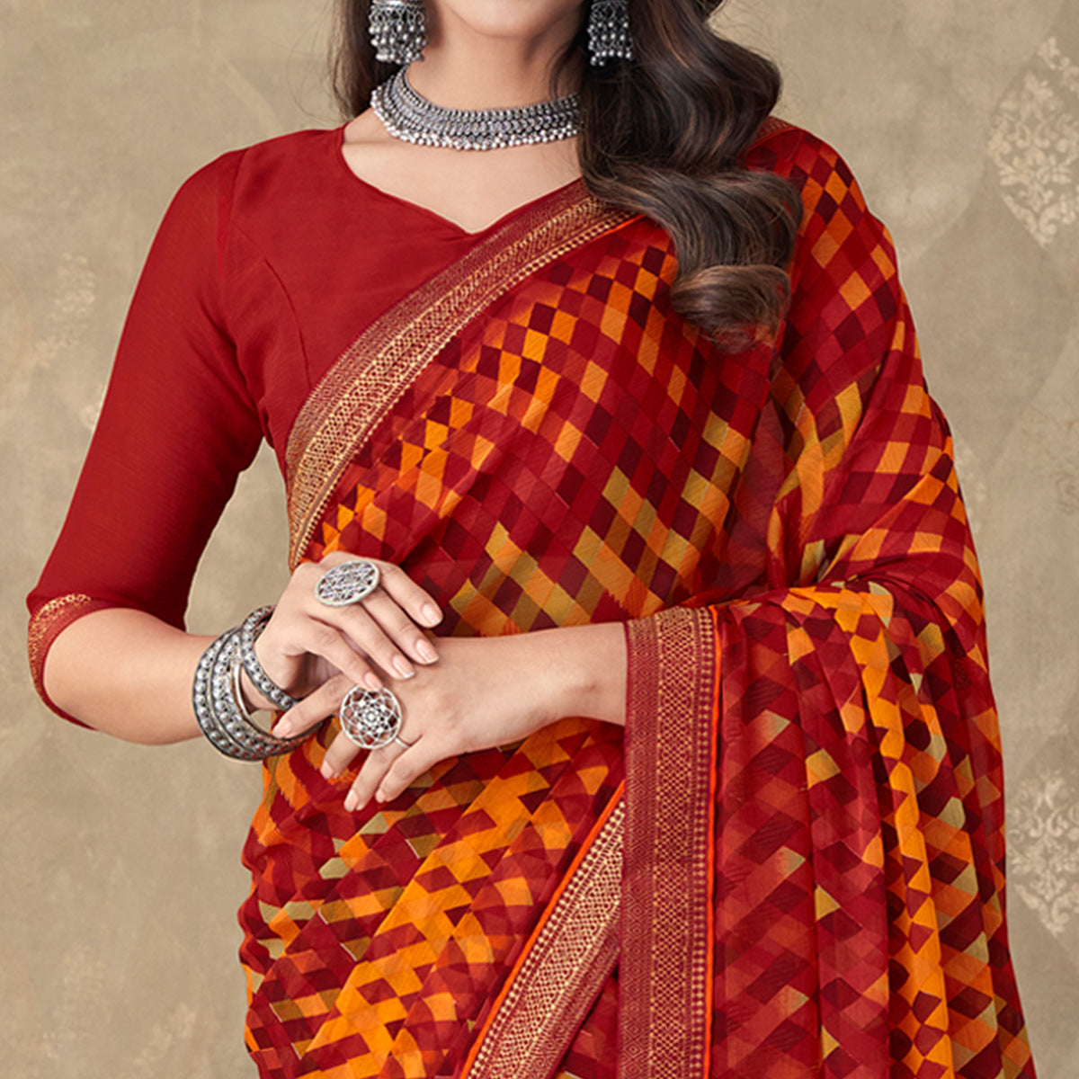 Maroon Digital Printed Chiffon Saree With Lace Border