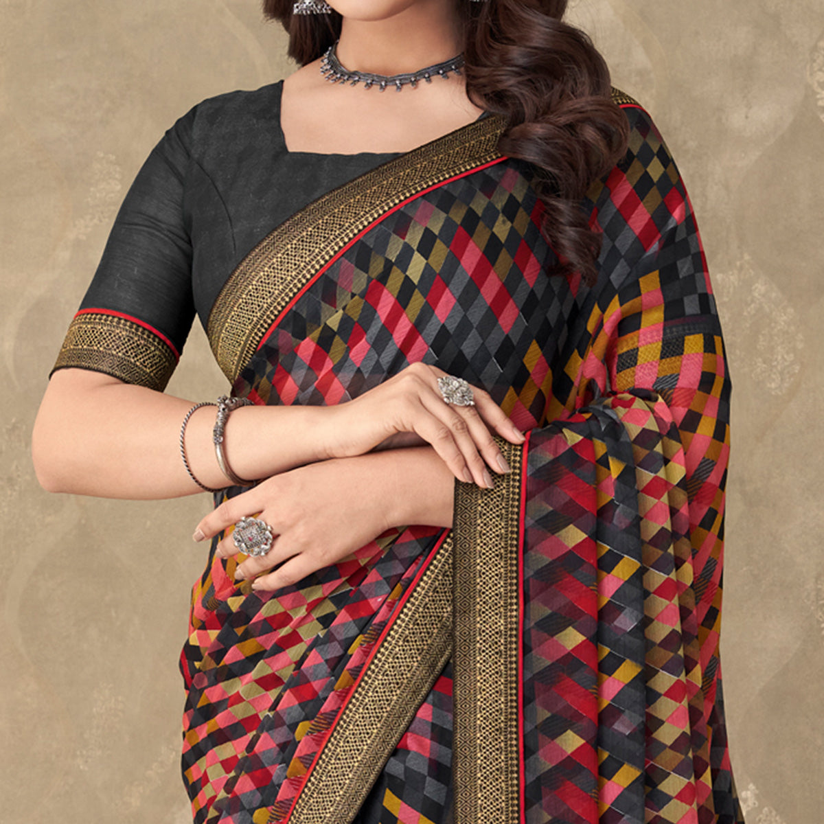 Black Digital Printed Chiffon Saree With Lace Border