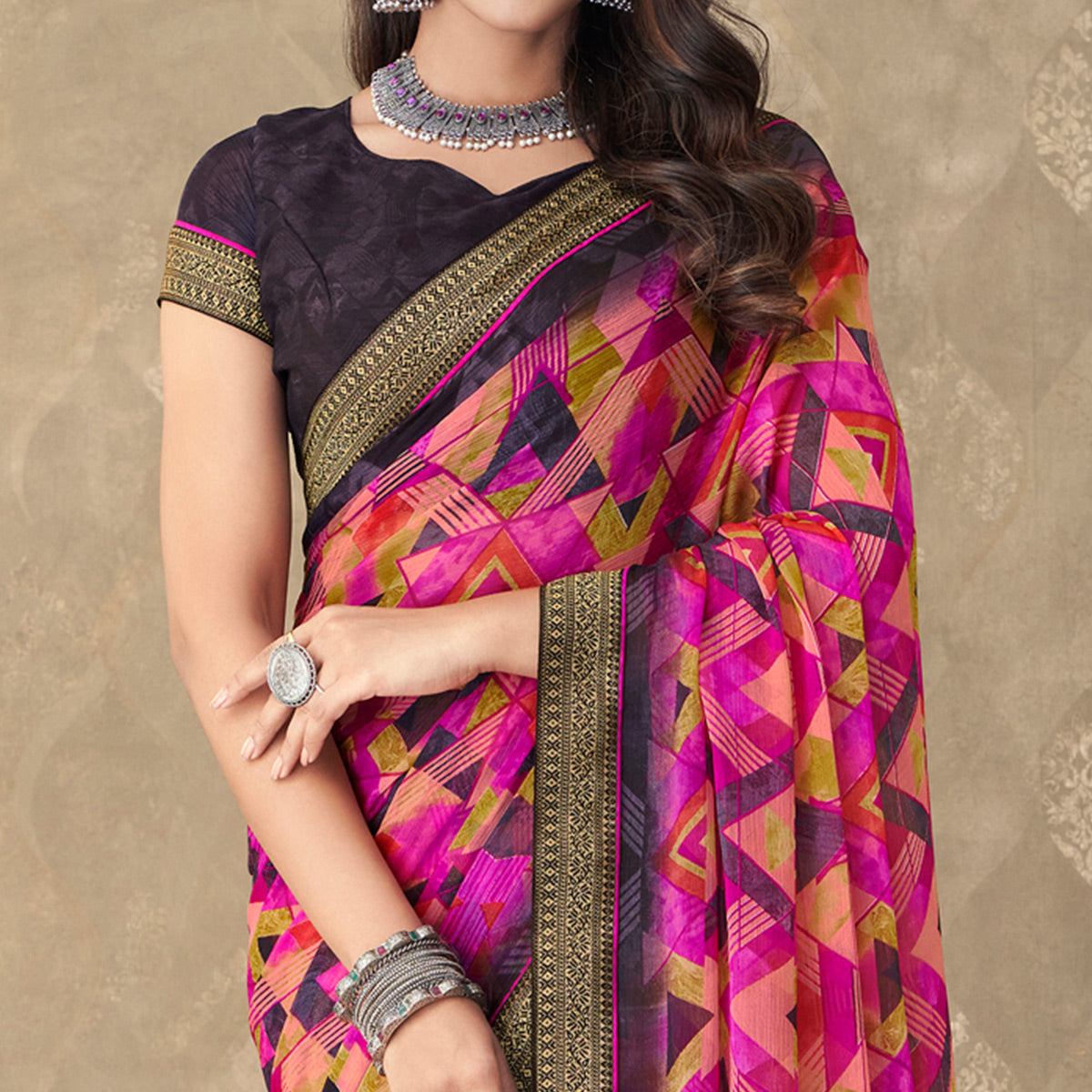 Magenta Digital Printed Chiffon Saree With Lace Border