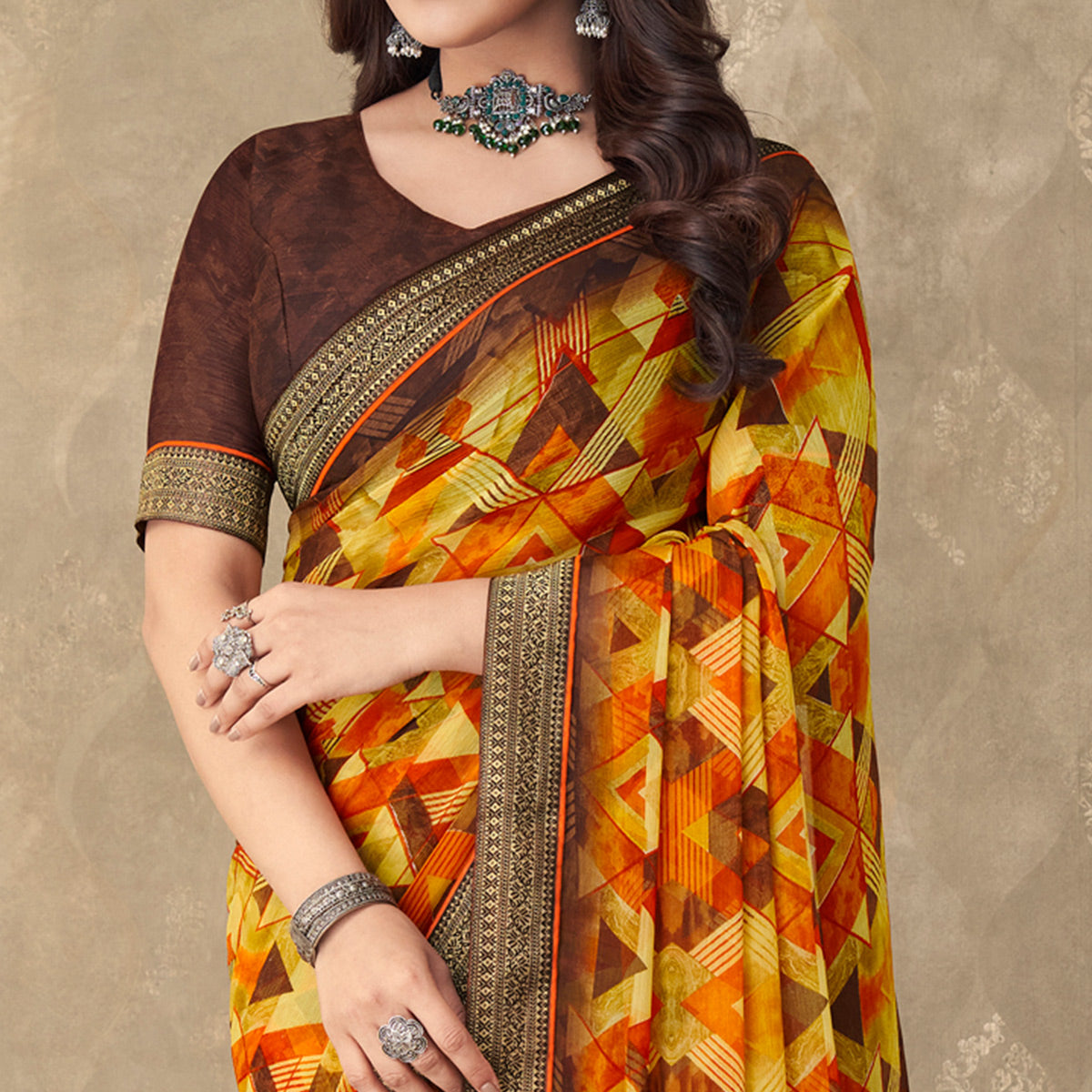 Yellow Digital Printed Chiffon Saree With Lace Border