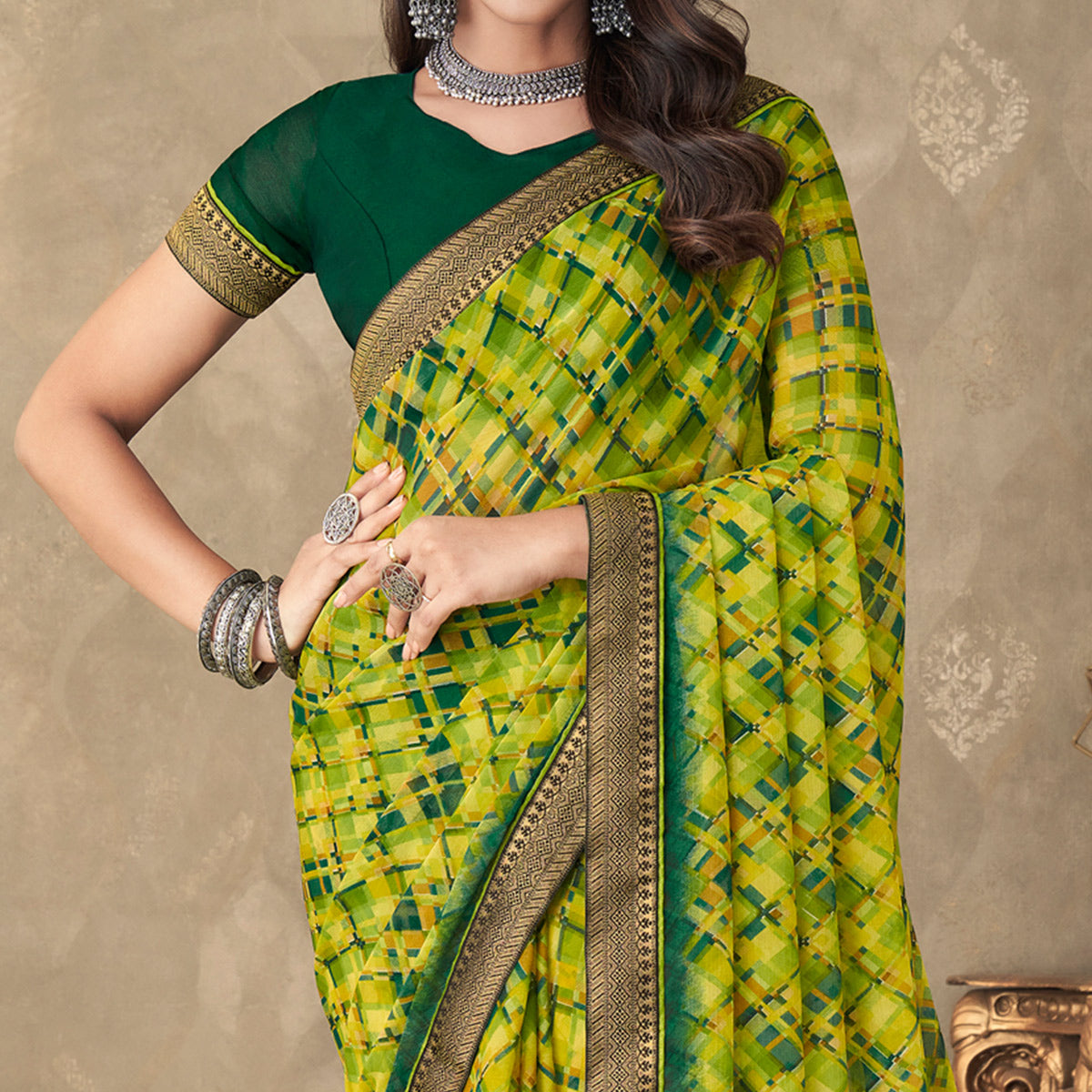 Lemon Green Digital Printed Chiffon Saree With Lace Border