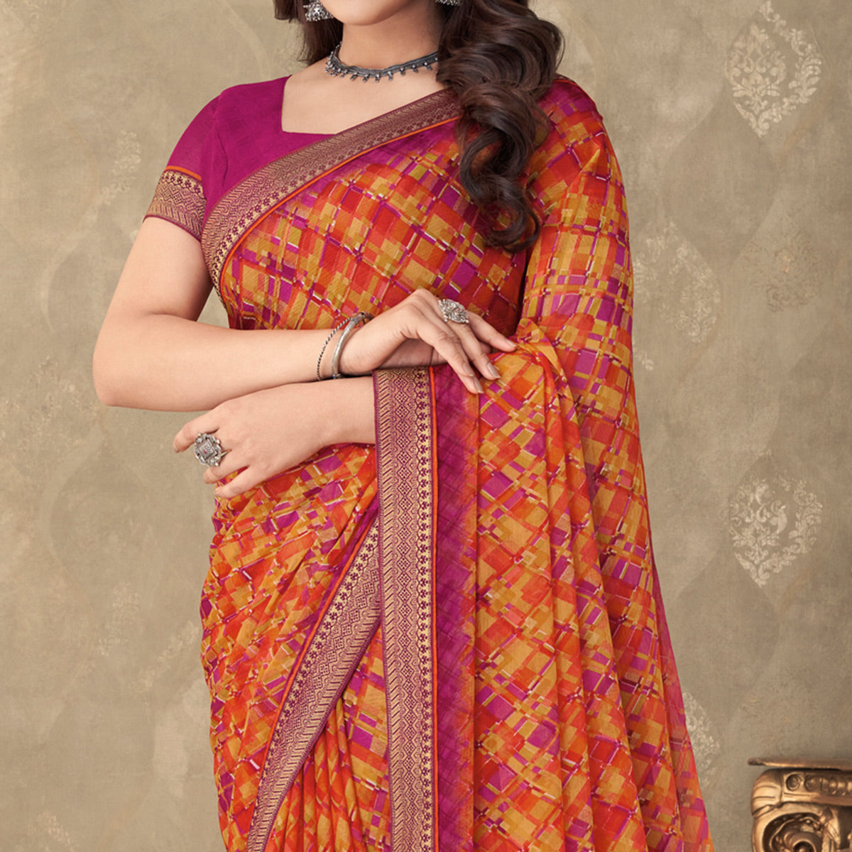 Orange Digital Printed Chiffon Saree With Lace Border