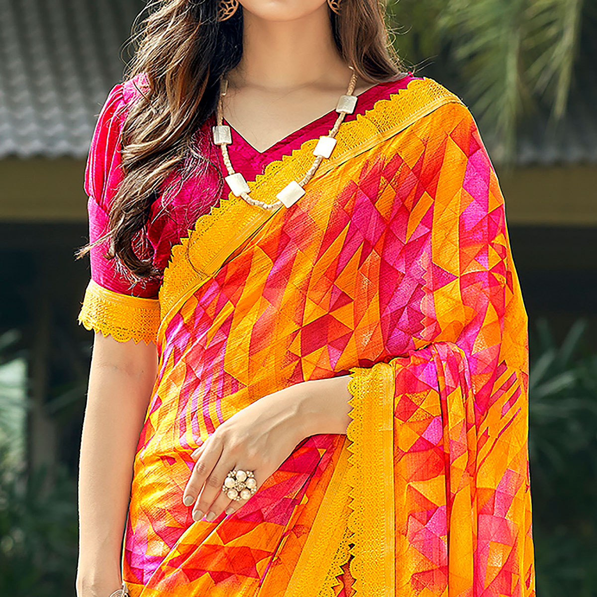 Yellow & Pink Geometric Printed Chiffon Saree