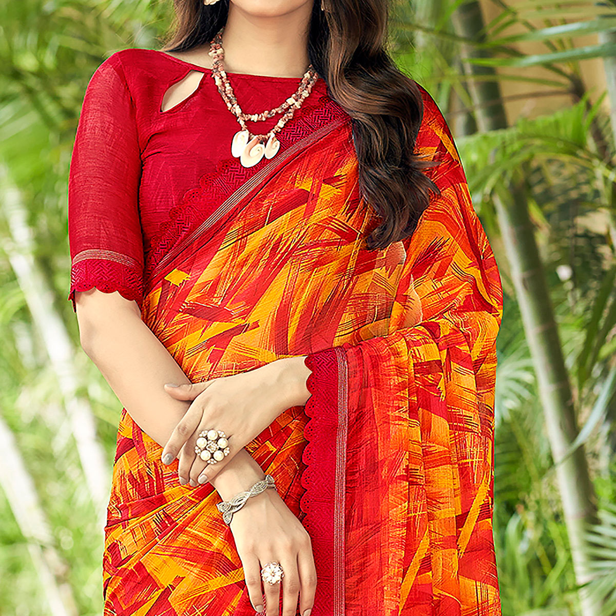 Red & Orange Geometric Printed Chiffon Saree