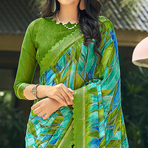 Blue & Green Geometric Printed Chiffon Saree