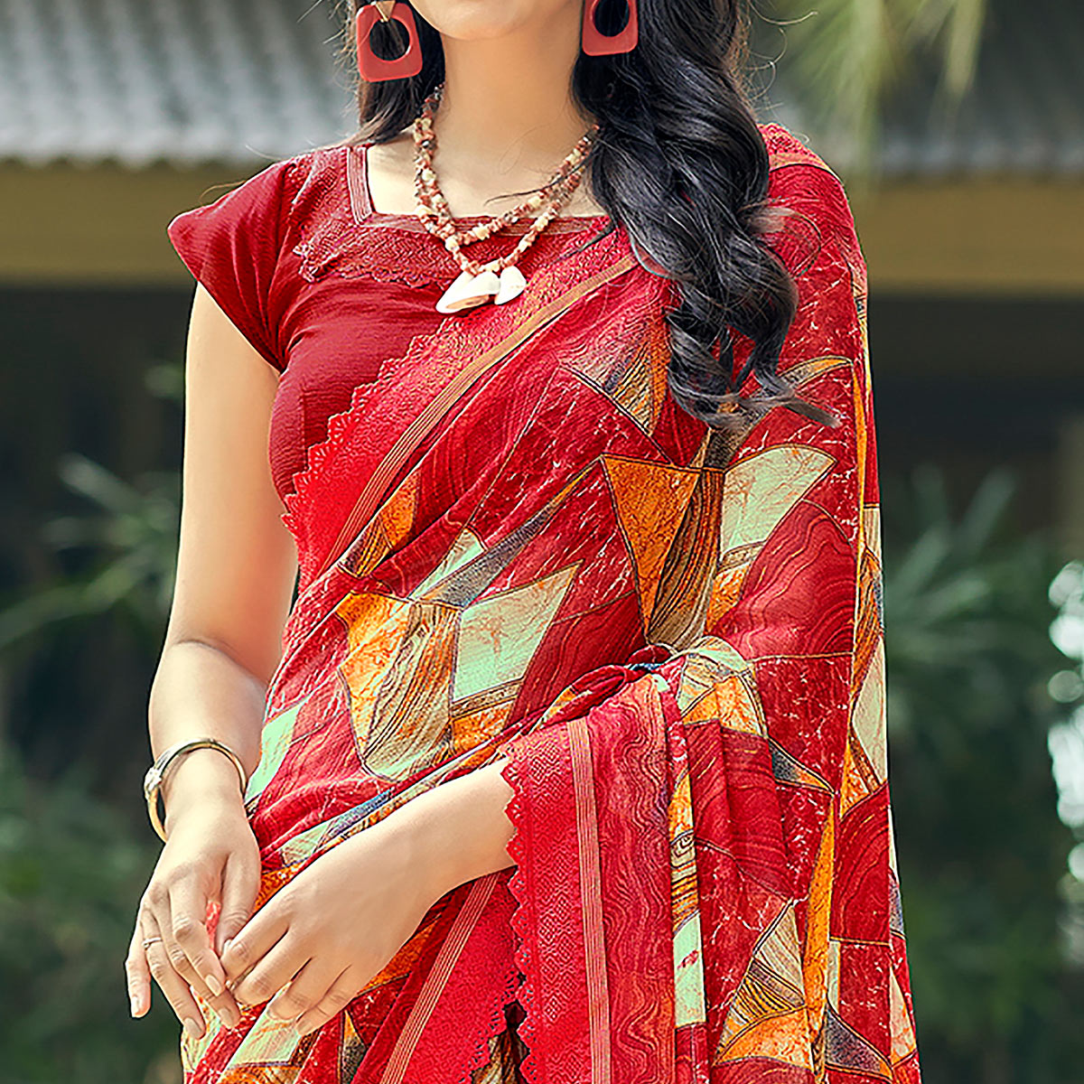 Red Geometric Printed Chiffon Saree