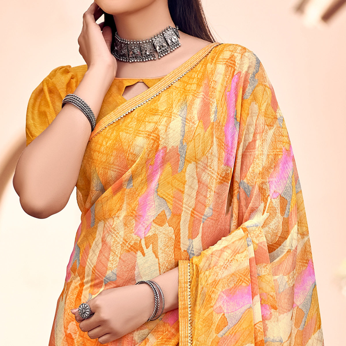 Yellow Printed Chiffon Saree With Tassels