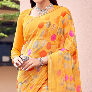 Yellow Printed Chiffon Saree With Tassels