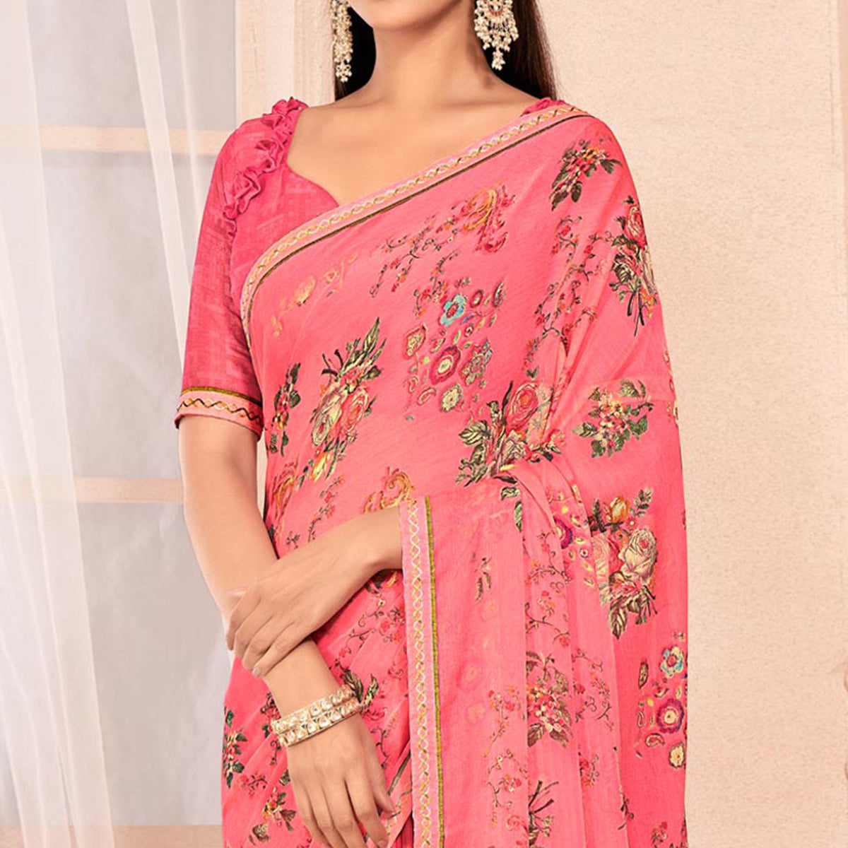 Salmon Pink Floral Printed Chiffon Saree With Lace Border