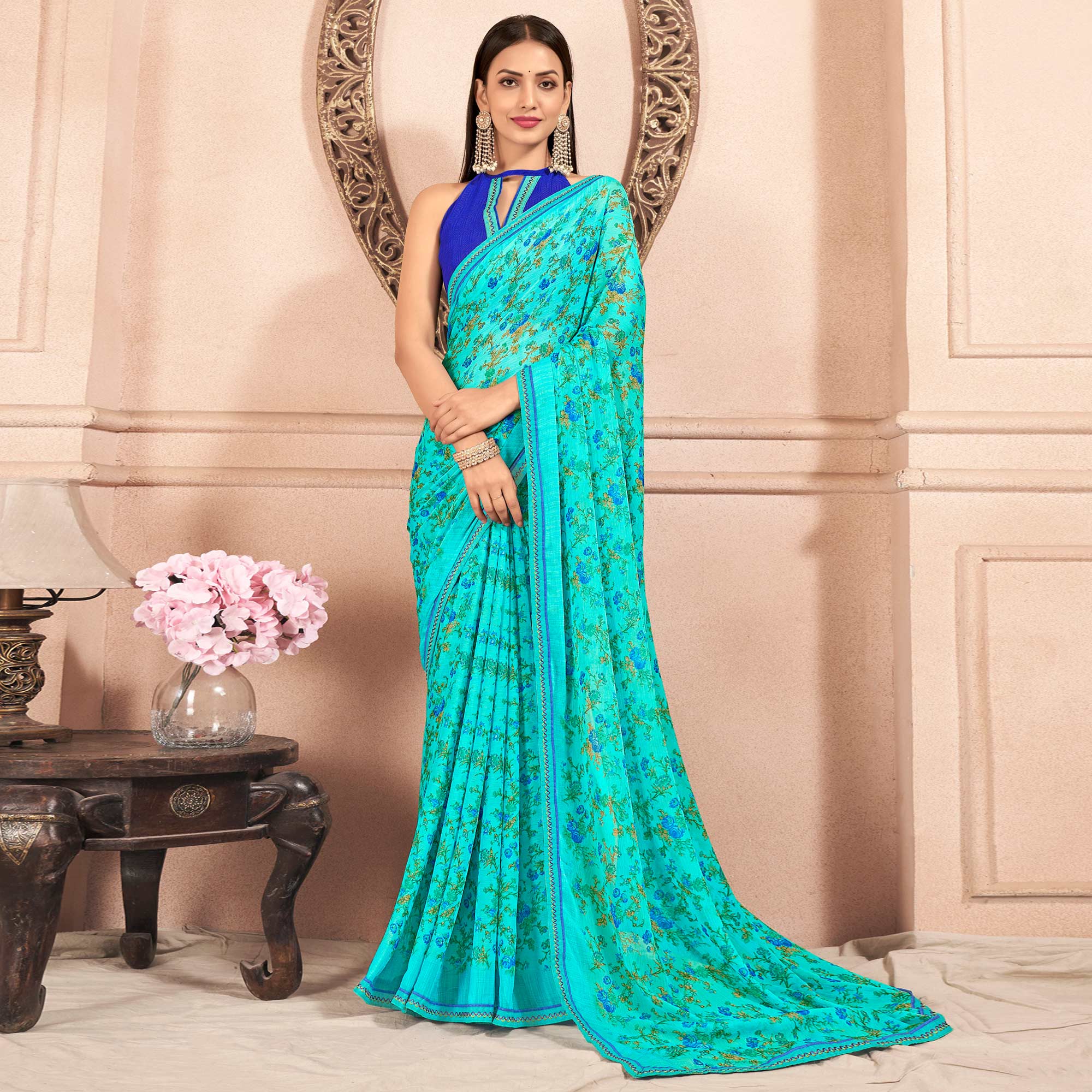 Turquoise Floral Printed Chiffon Saree With Lace Border