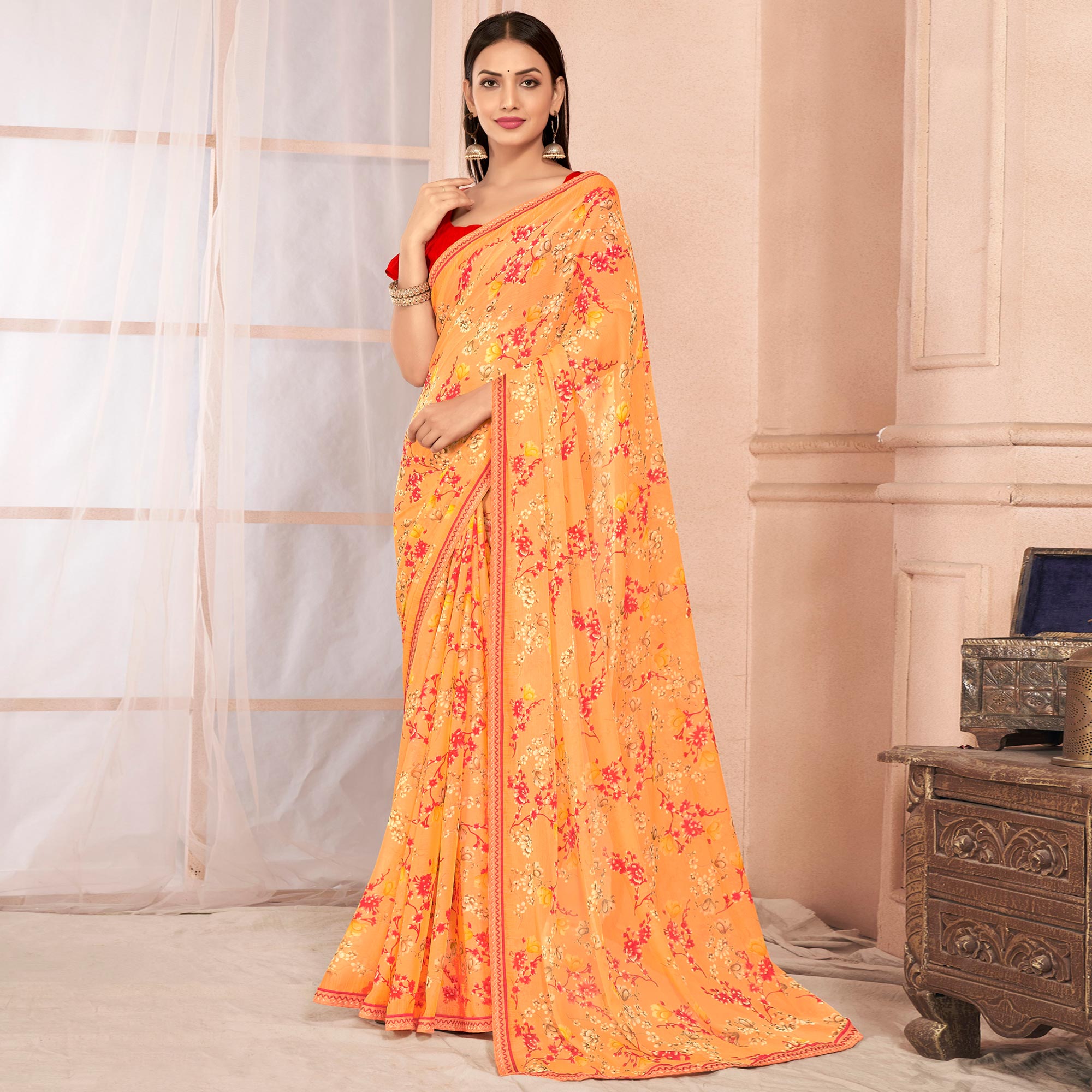 Light Orange Floral Printed Chiffon Saree With Lace Border