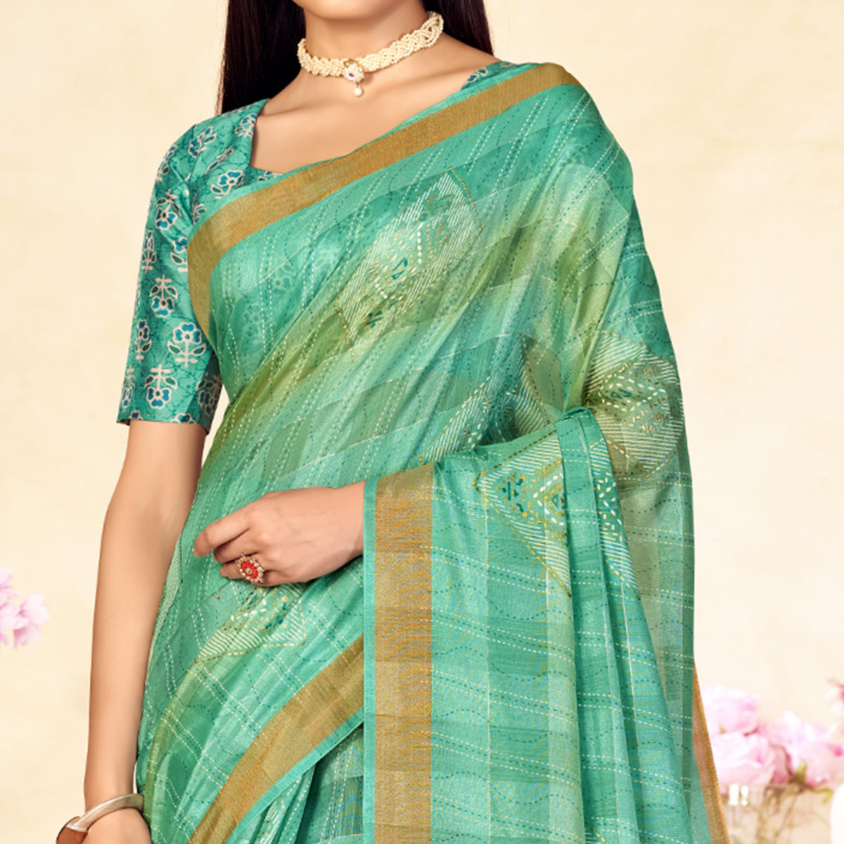 Mint Green Foil Printed Linen Silk Saree With Tassels