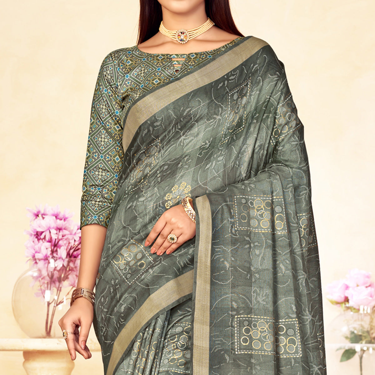 Grey Foil Printed Linen Silk Saree With Tassels