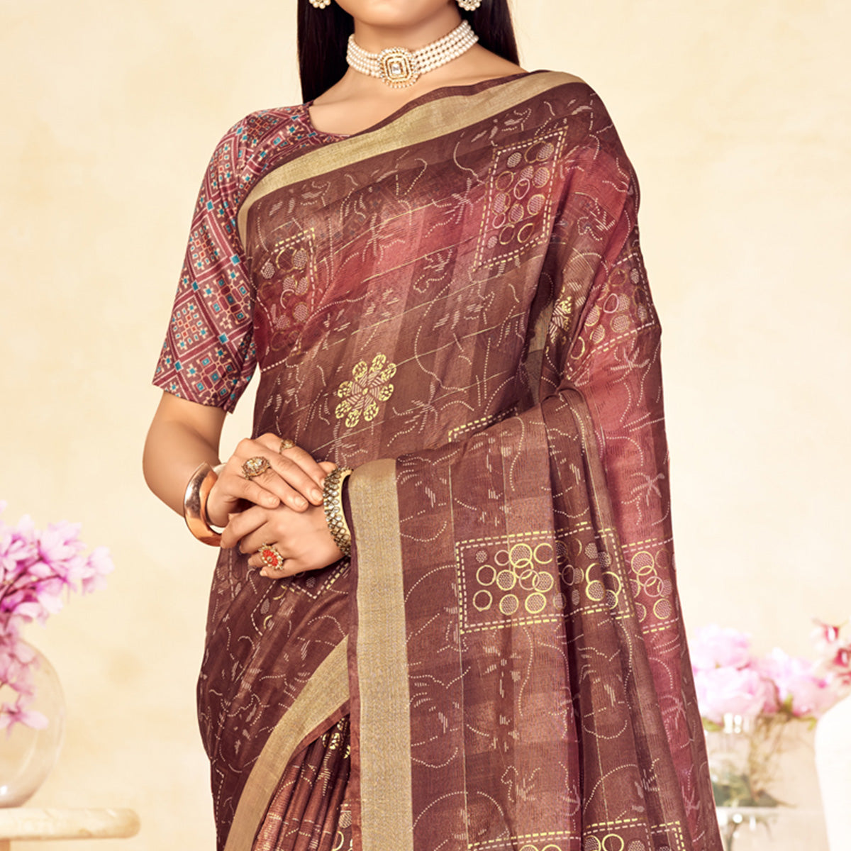 Brown Foil Printed Linen Silk Saree With Tassels