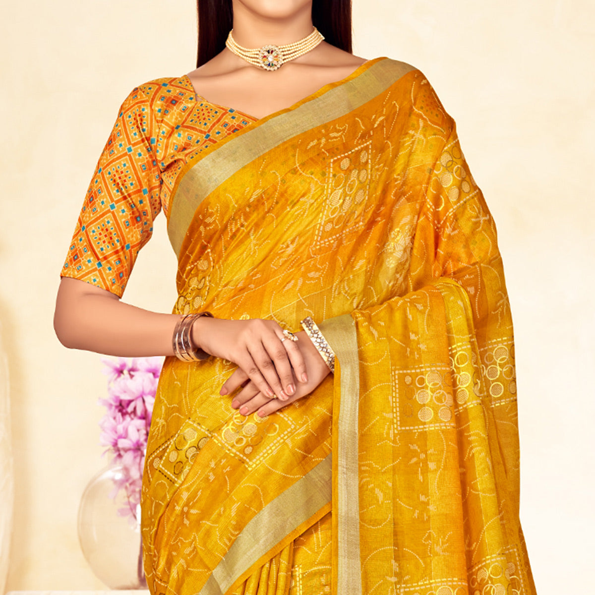 Yellow Foil Printed Linen Silk Saree With Tassels