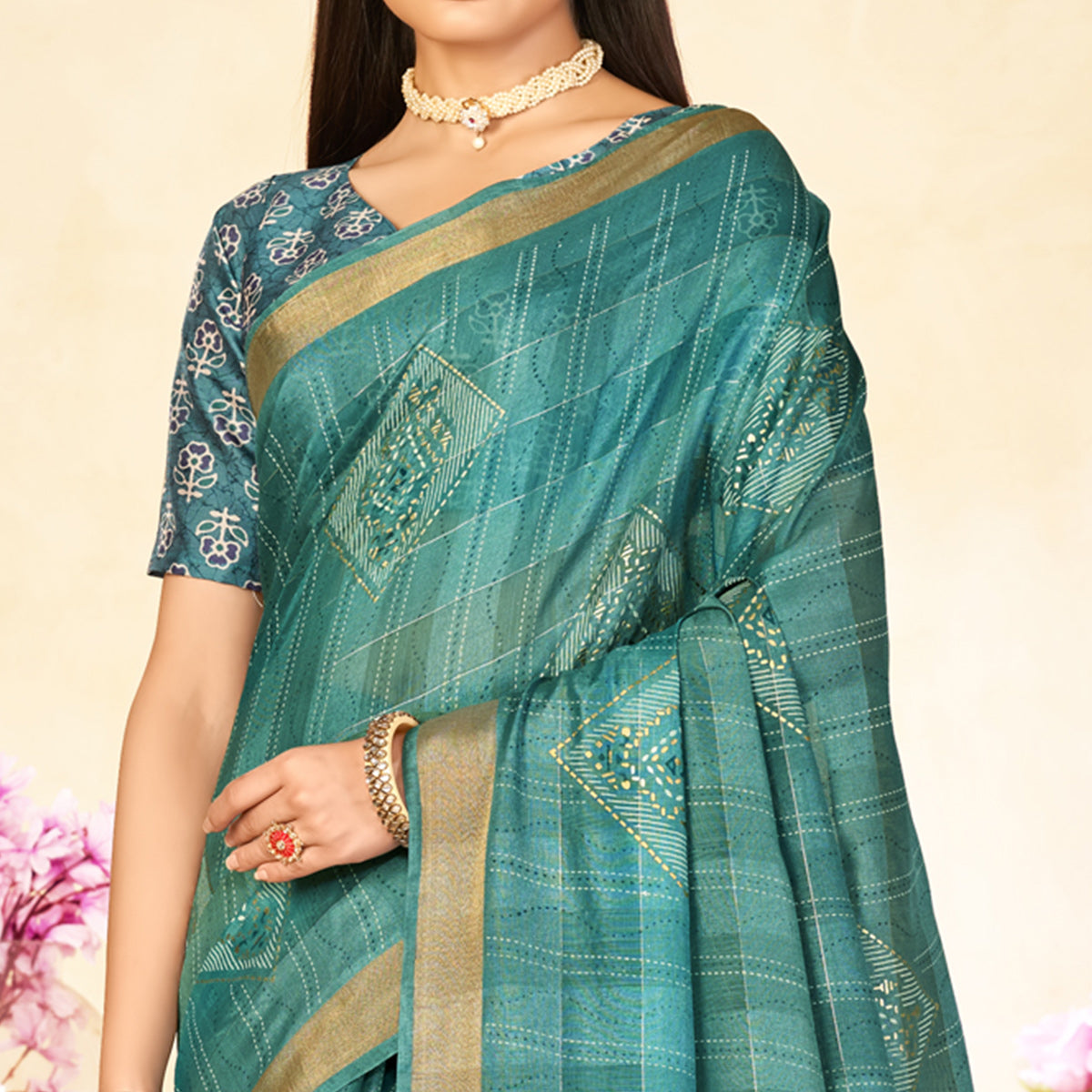 Teal Foil Printed Linen Silk Saree With Tassels