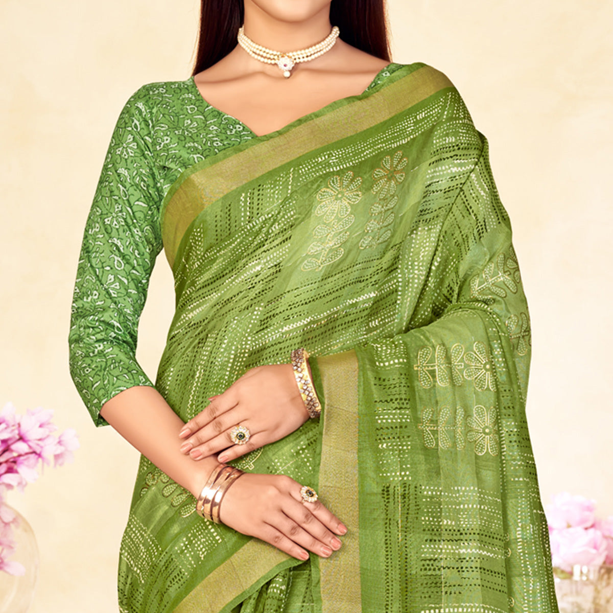 Green Foil Printed Linen Silk Saree With Tassels