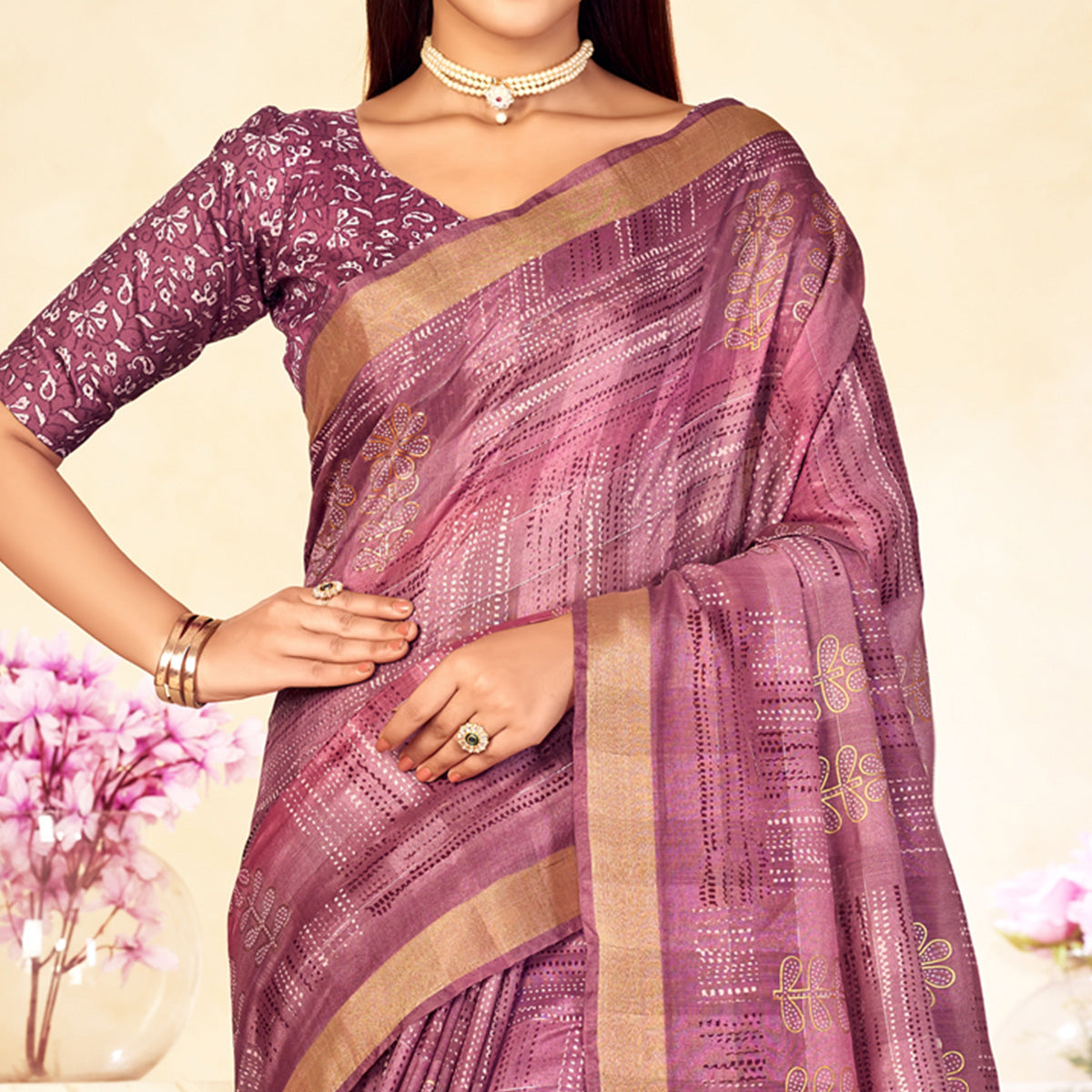 Mauve Foil Printed Linen Silk Saree With Tassels