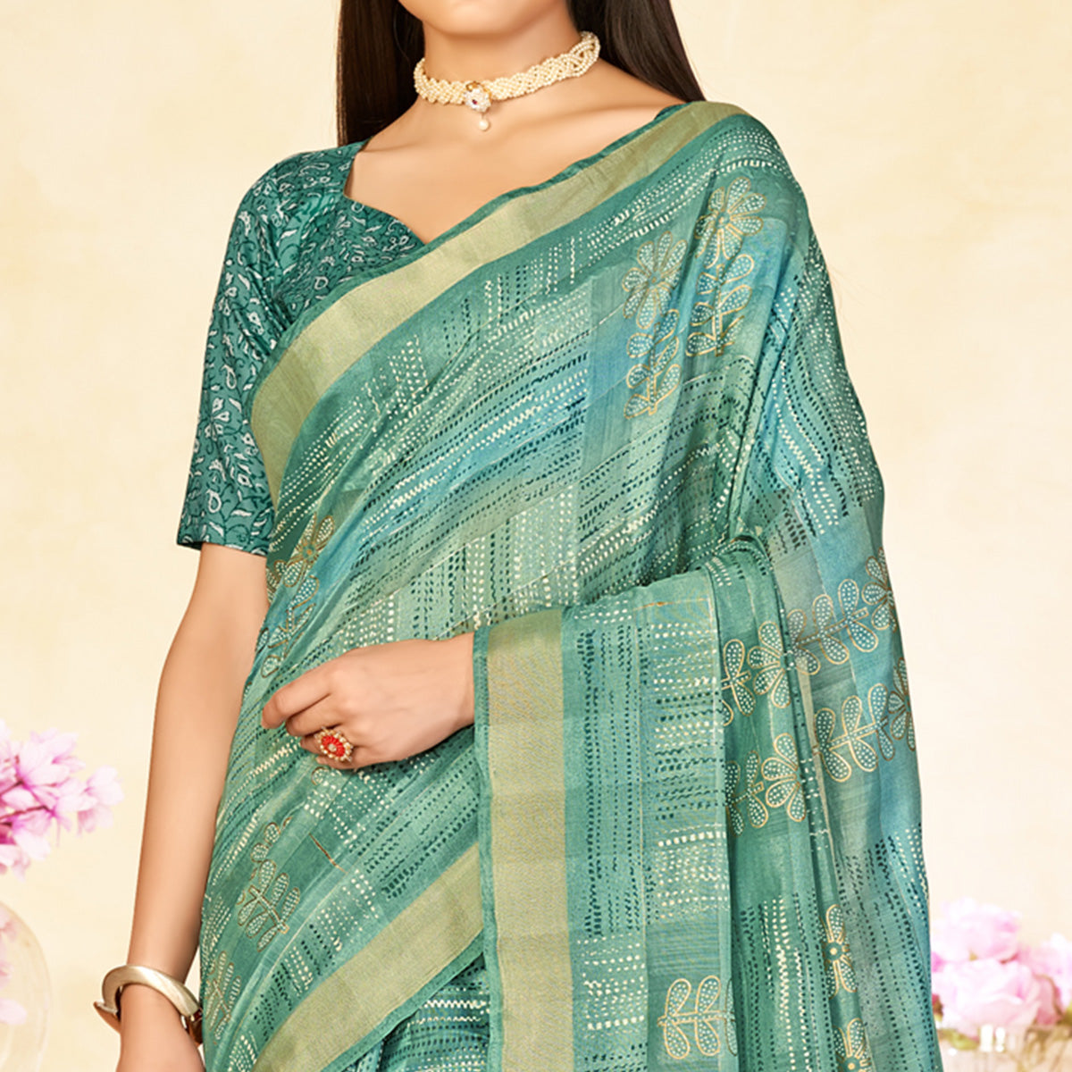 Turquoise Foil Printed Linen Silk Saree With Tassels