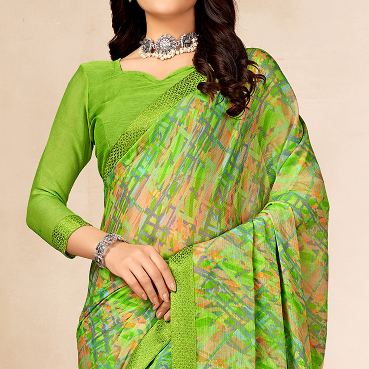 Green Printed Chiffon Saree With Lace Border