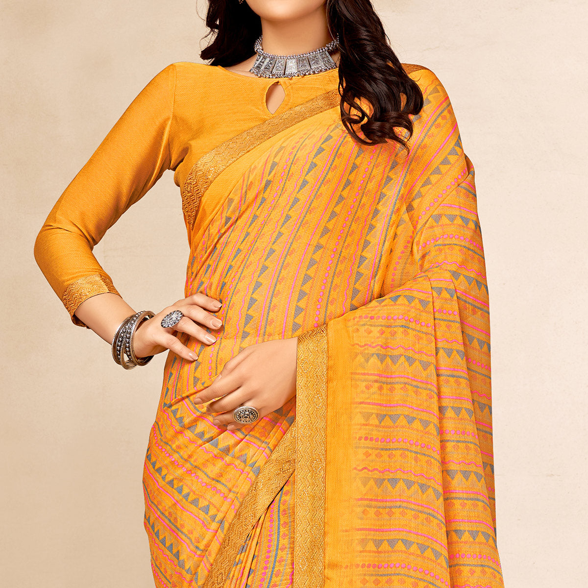 Yellow Printed Chiffon Saree With Lace Border