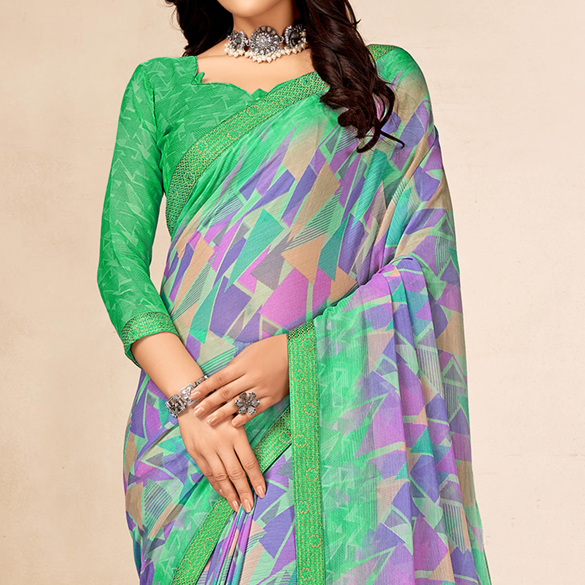 Green Printed Chiffon Saree With Lace Border