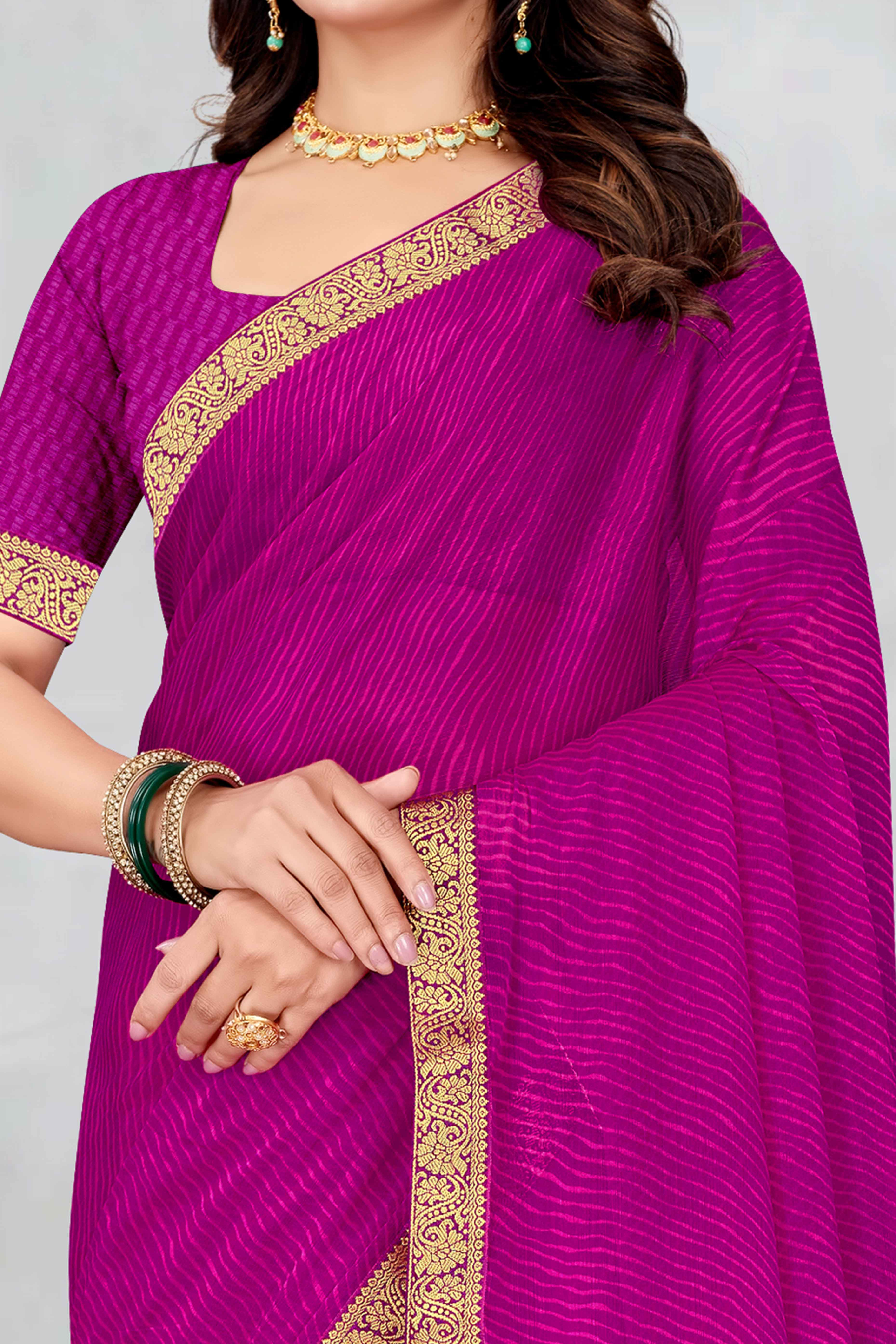 Purple Leheriya Printed Chiffon Saree Accented With A Graceful Floral Weaving Lace Border