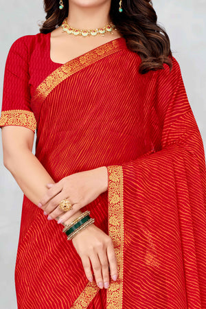 Red Leheriya Printed Chiffon Saree Accented With A Graceful Floral Weaving Lace Border