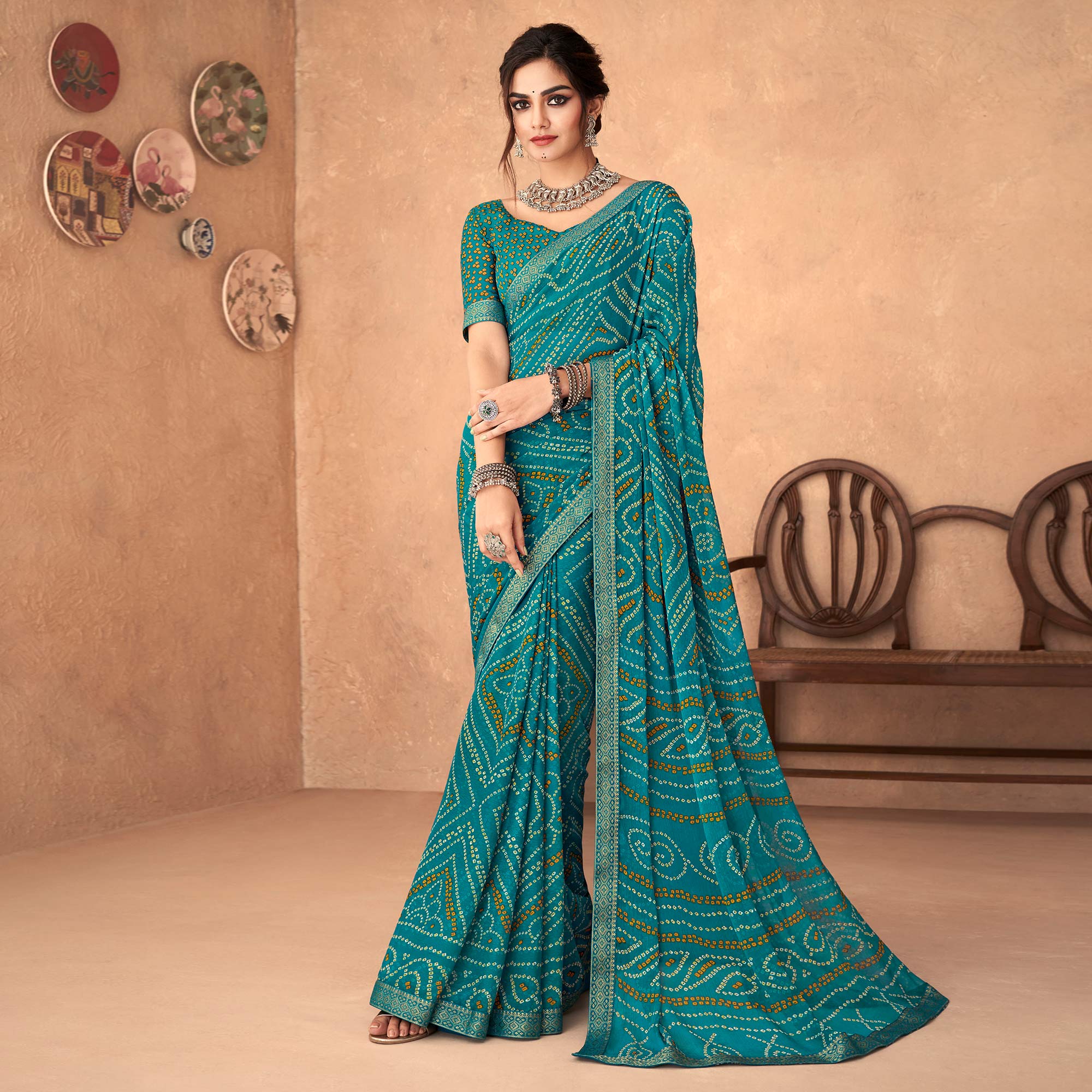 Blue Bandhani Printed Chiffon Saree