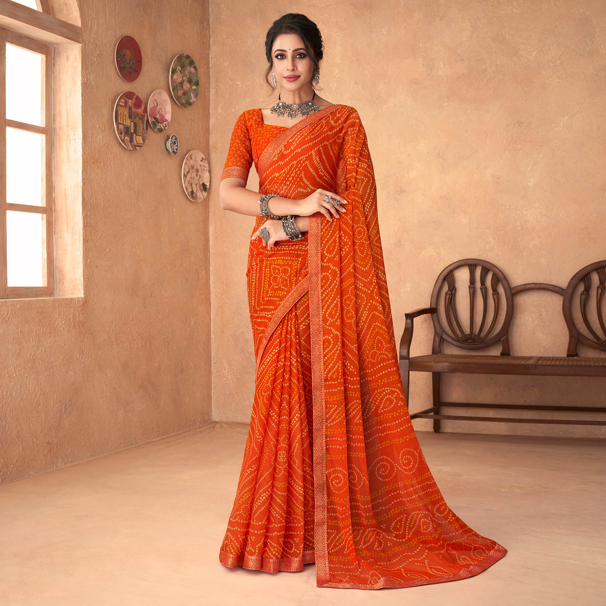 Orange Bandhani Printed Chiffon Saree