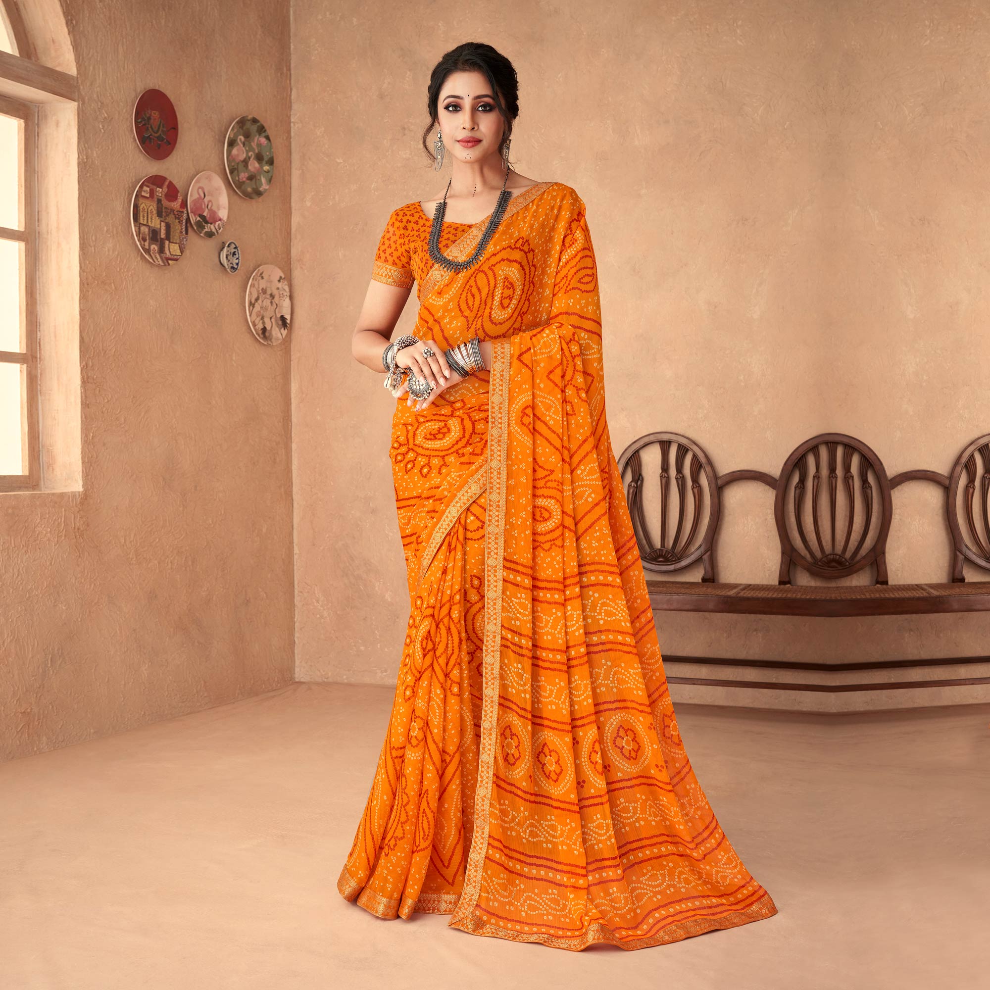 Mustard Bandhani Printed Chiffon Saree