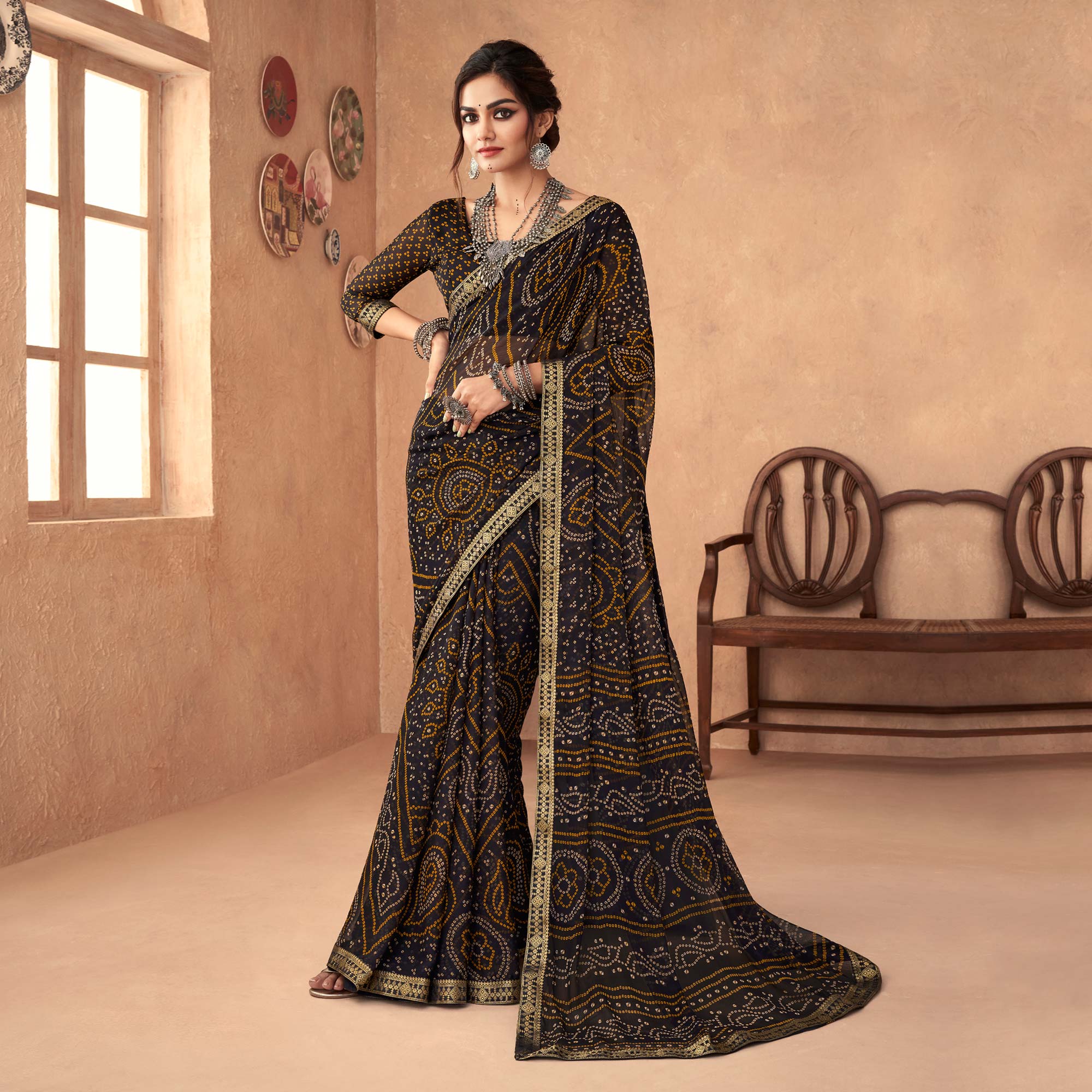 Black Bandhani Printed Chiffon Saree