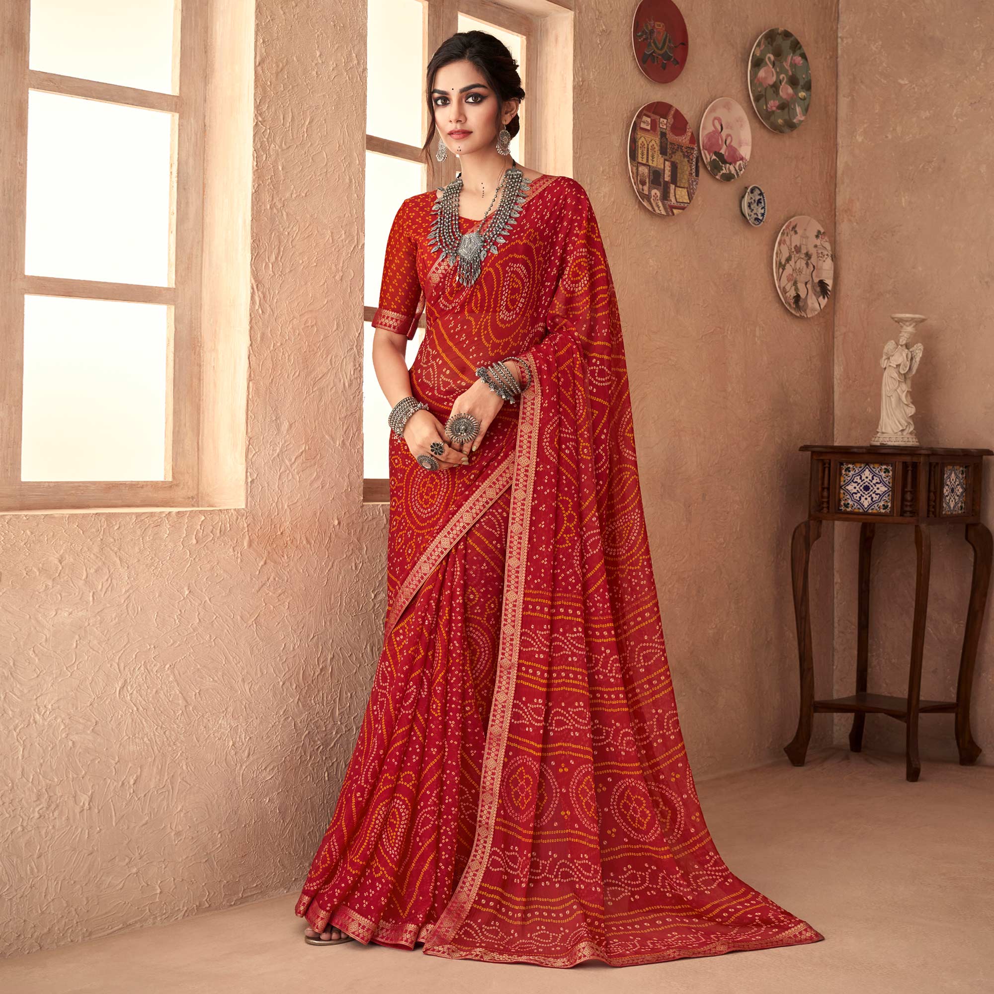 Red Bandhani Printed Chiffon Saree