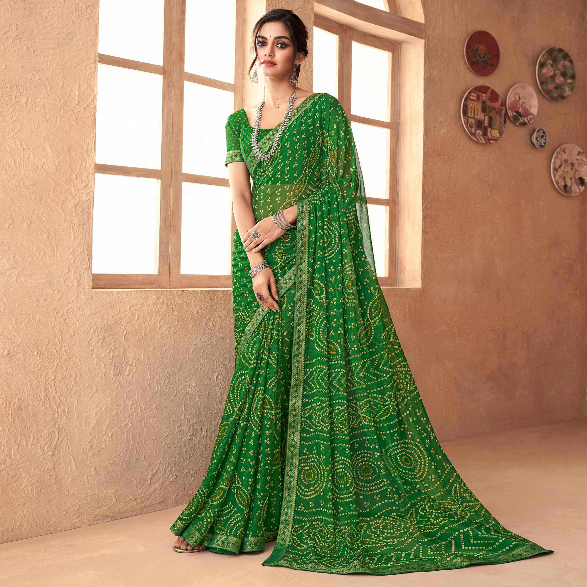 Green Bandhani Printed Chiffon Saree