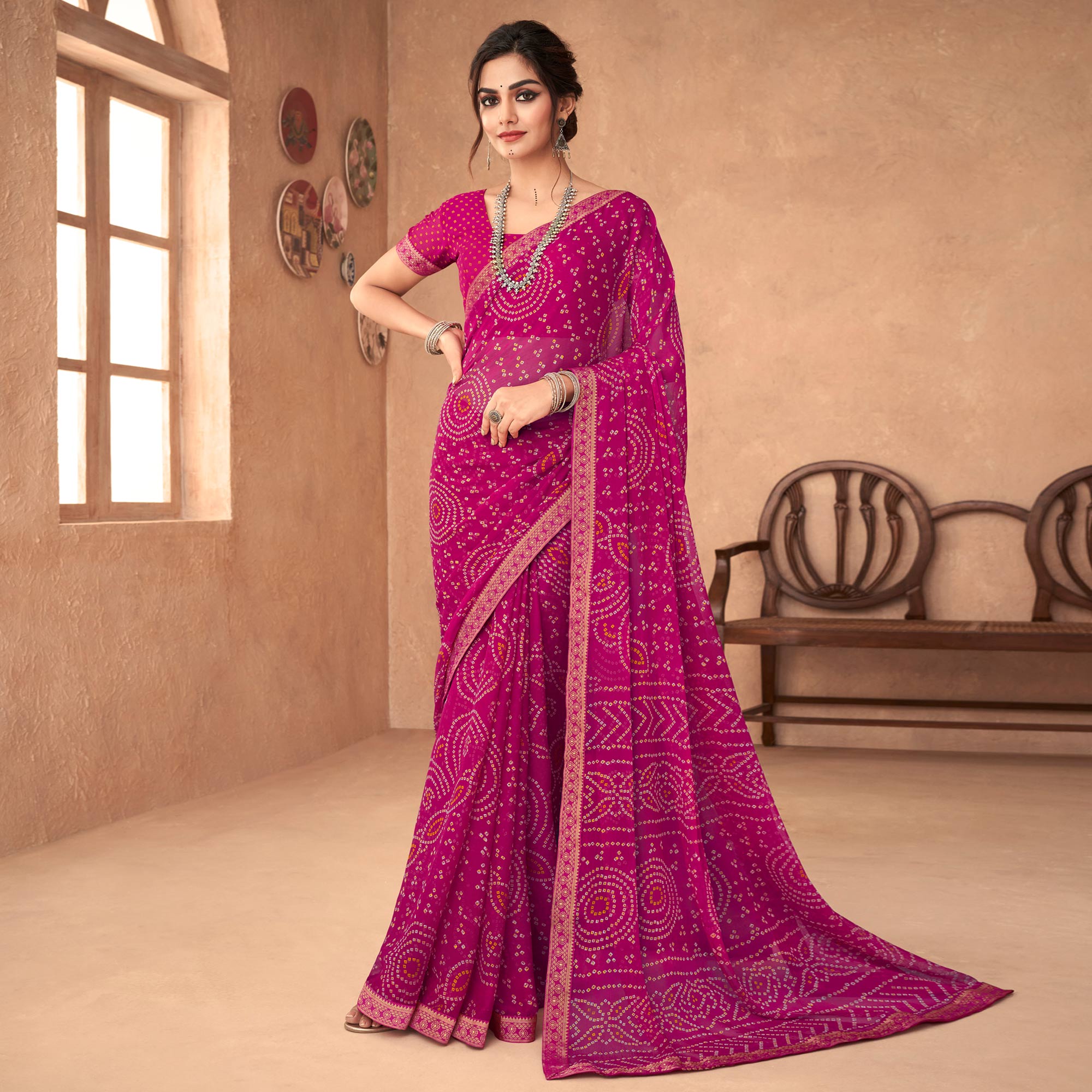 Magenta Purple Bandhani Printed Chiffon Saree