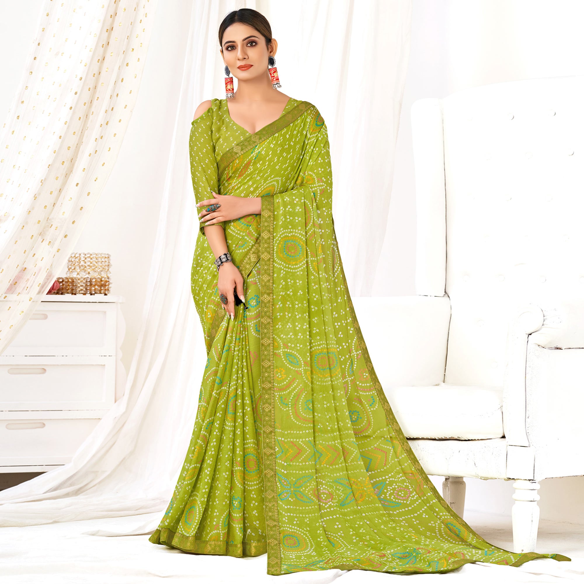 Olive Green Bandhani Printed Chiffon Saree