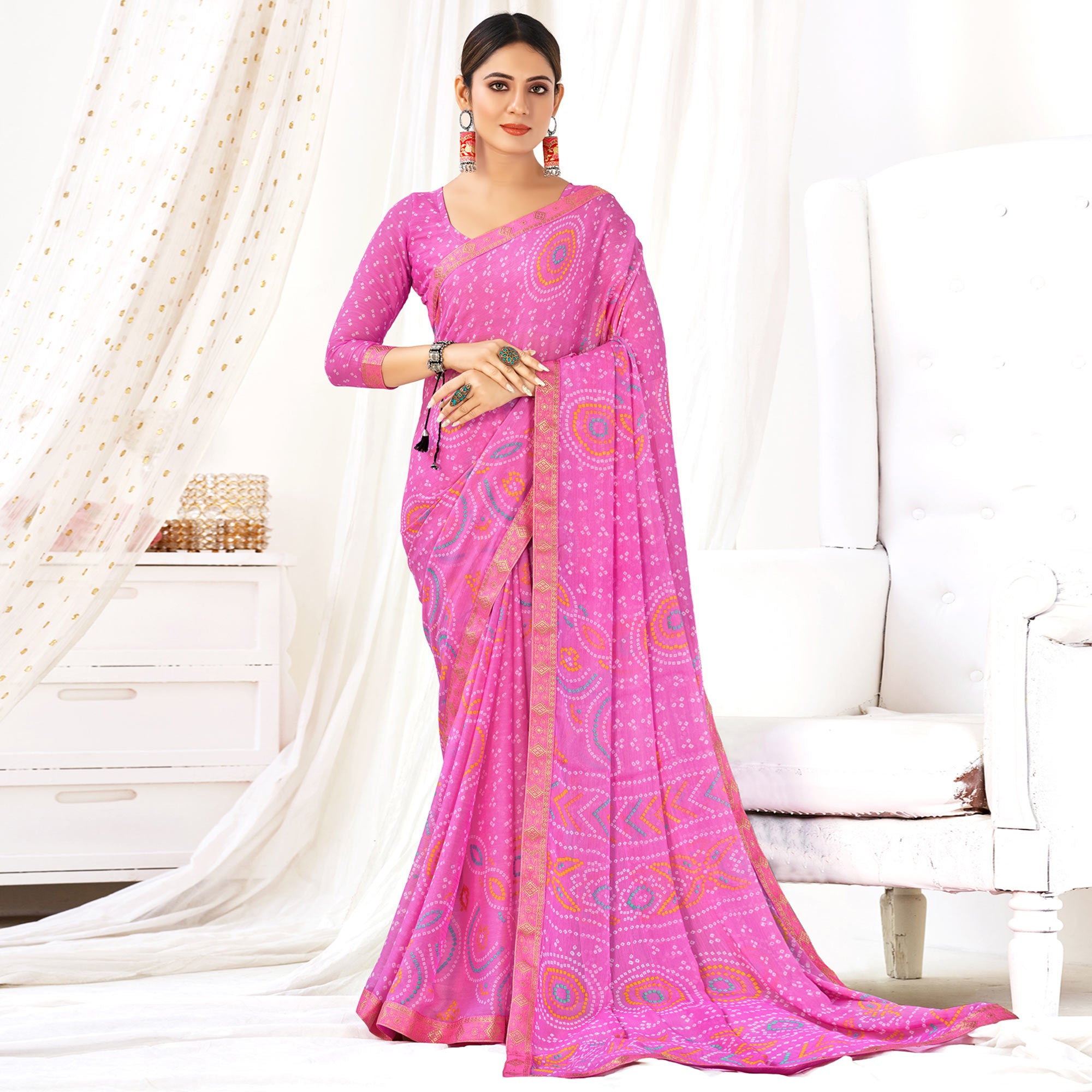 Pink Bandhani Printed Chiffon Saree