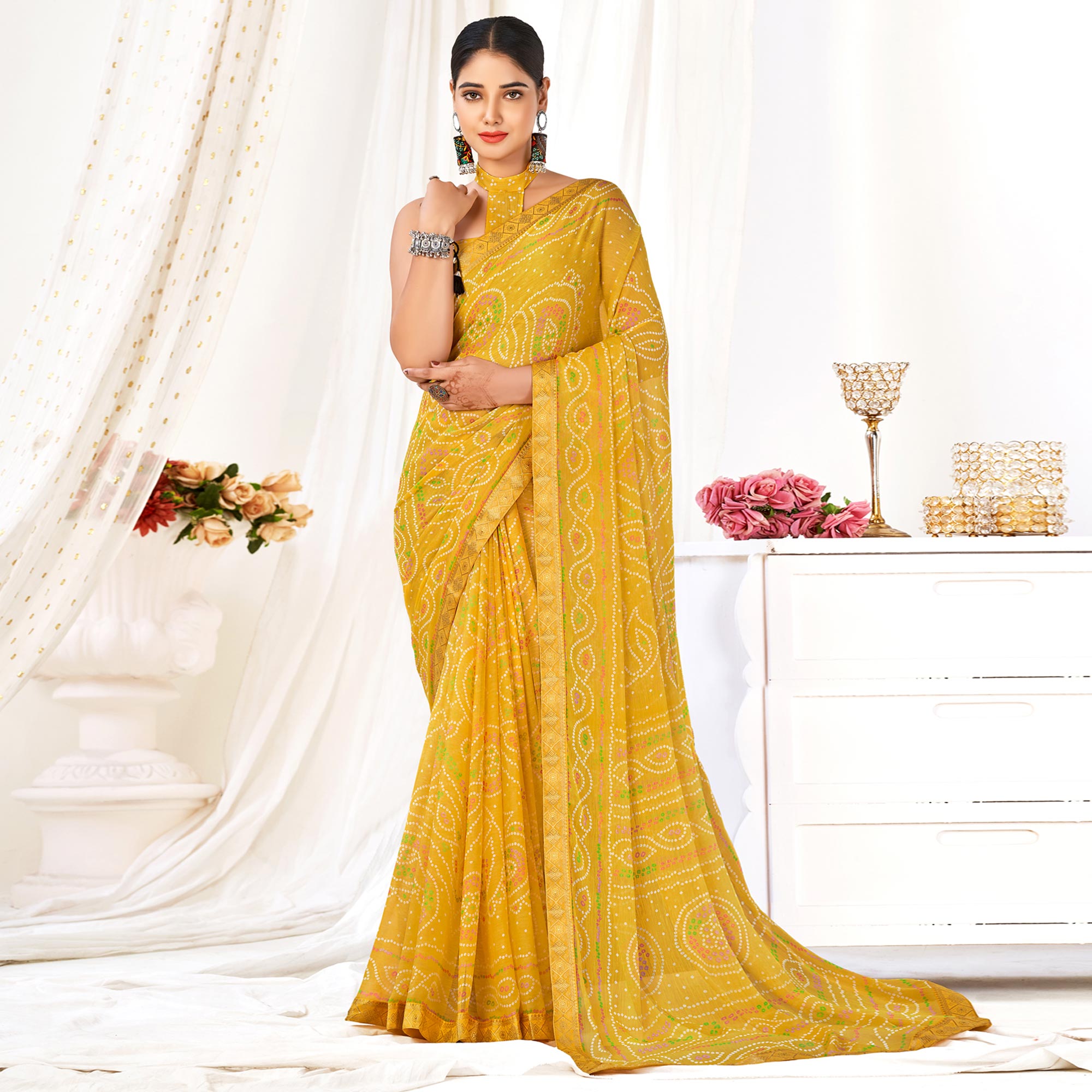 Mustard Bandhani Printed Chiffon Saree