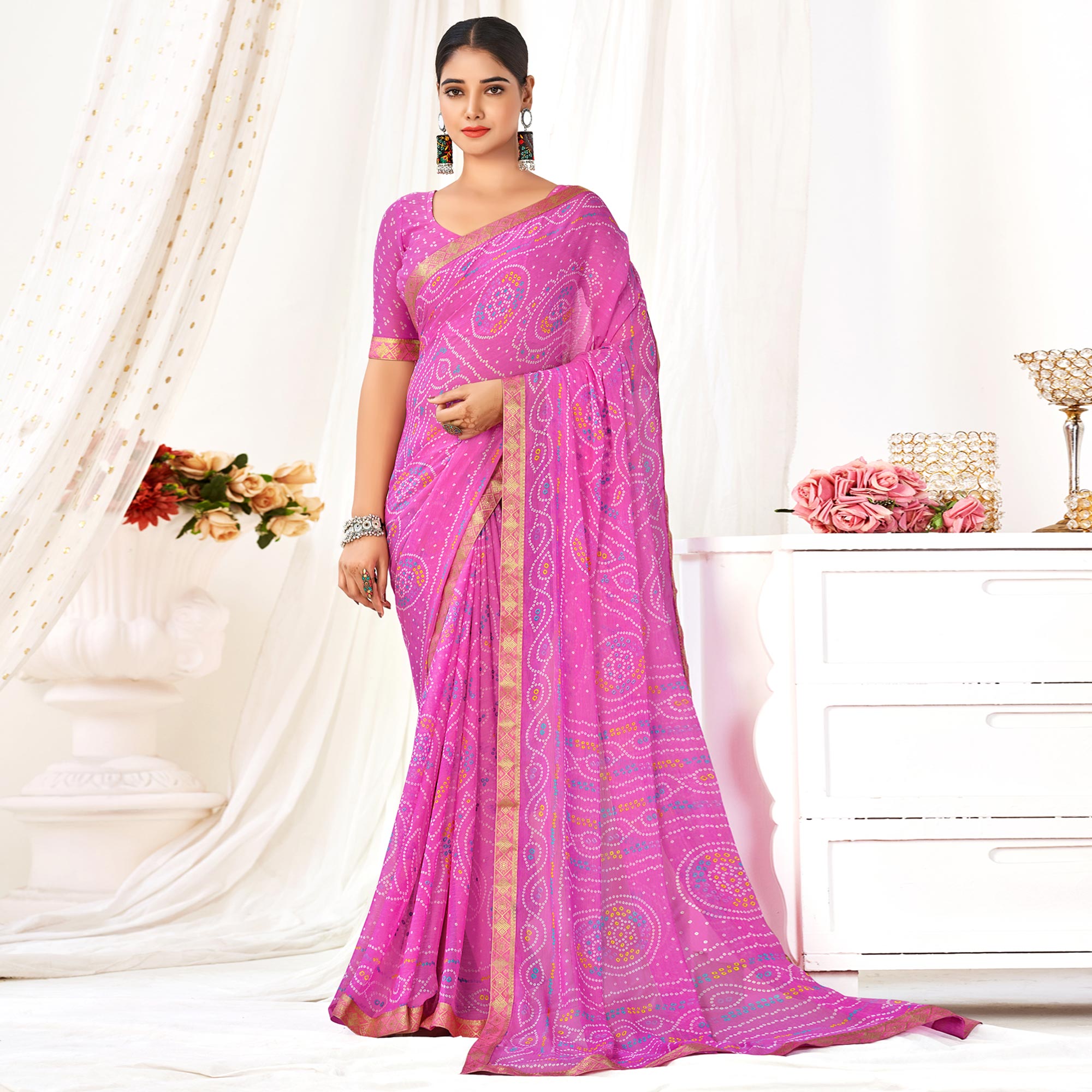 Pink Bandhani Printed Chiffon Saree