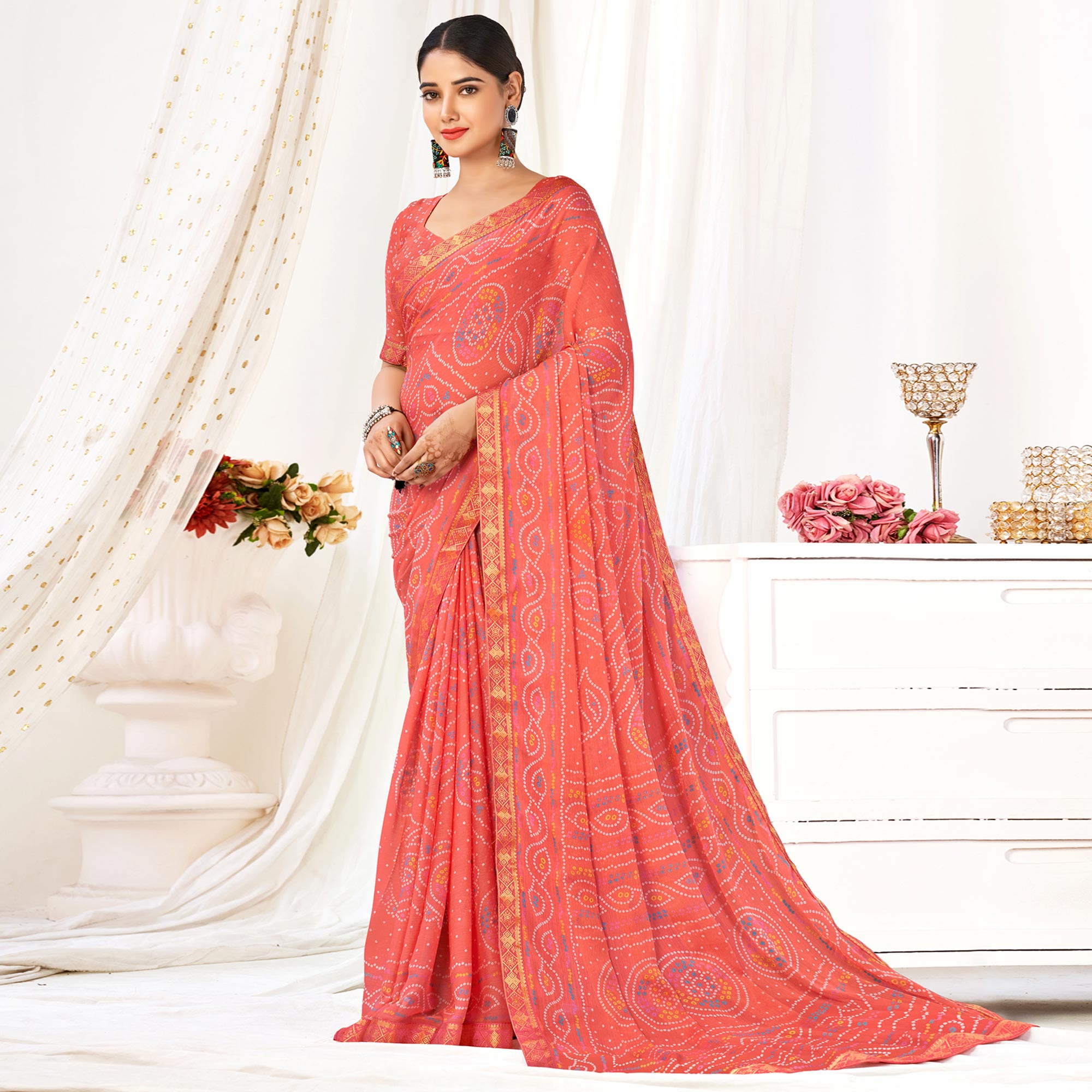 Salmon Pink Bandhani Printed Chiffon Saree