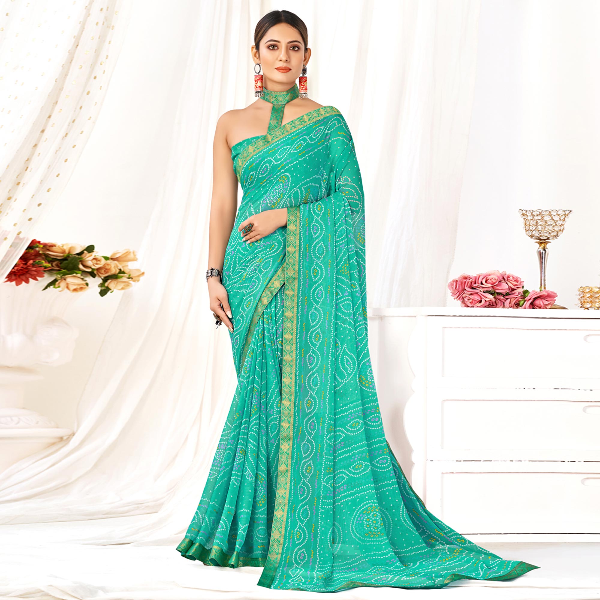 Turquoise Bandhani Printed Chiffon Saree