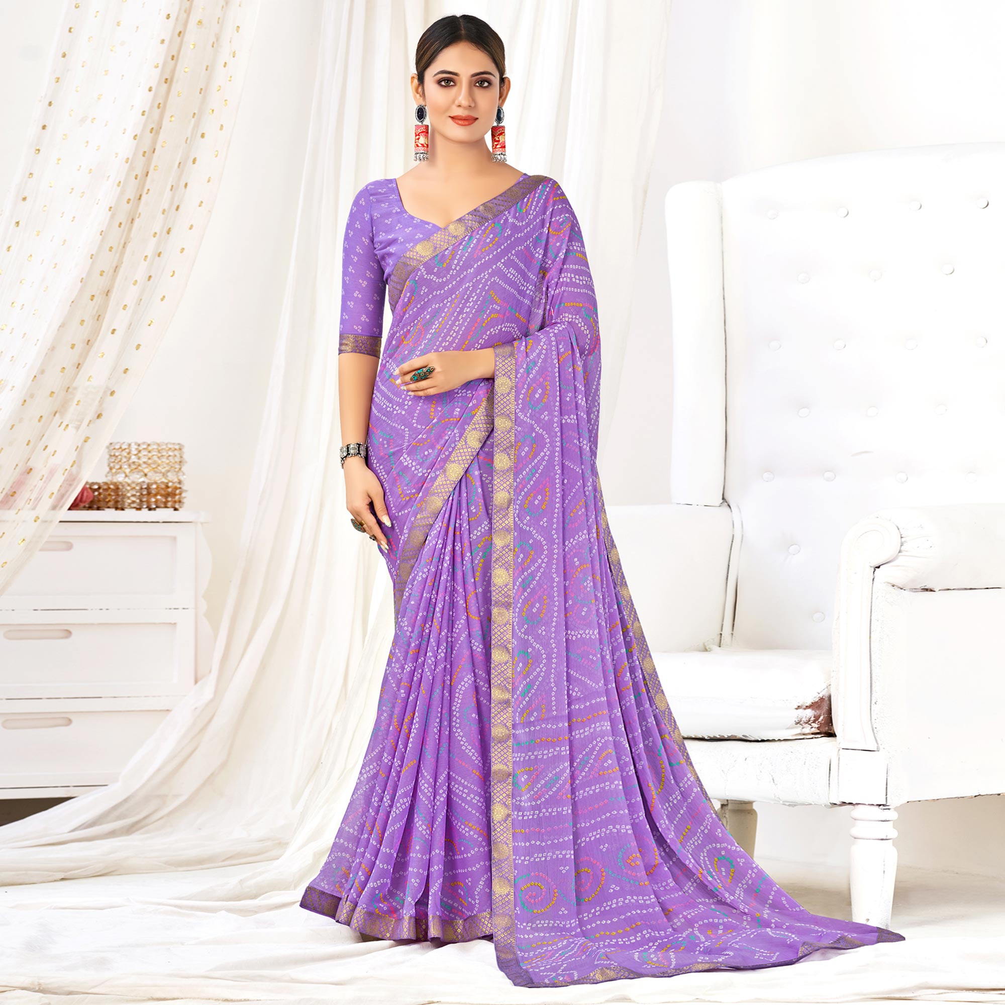 Purple Bandhani Printed Chiffon Saree