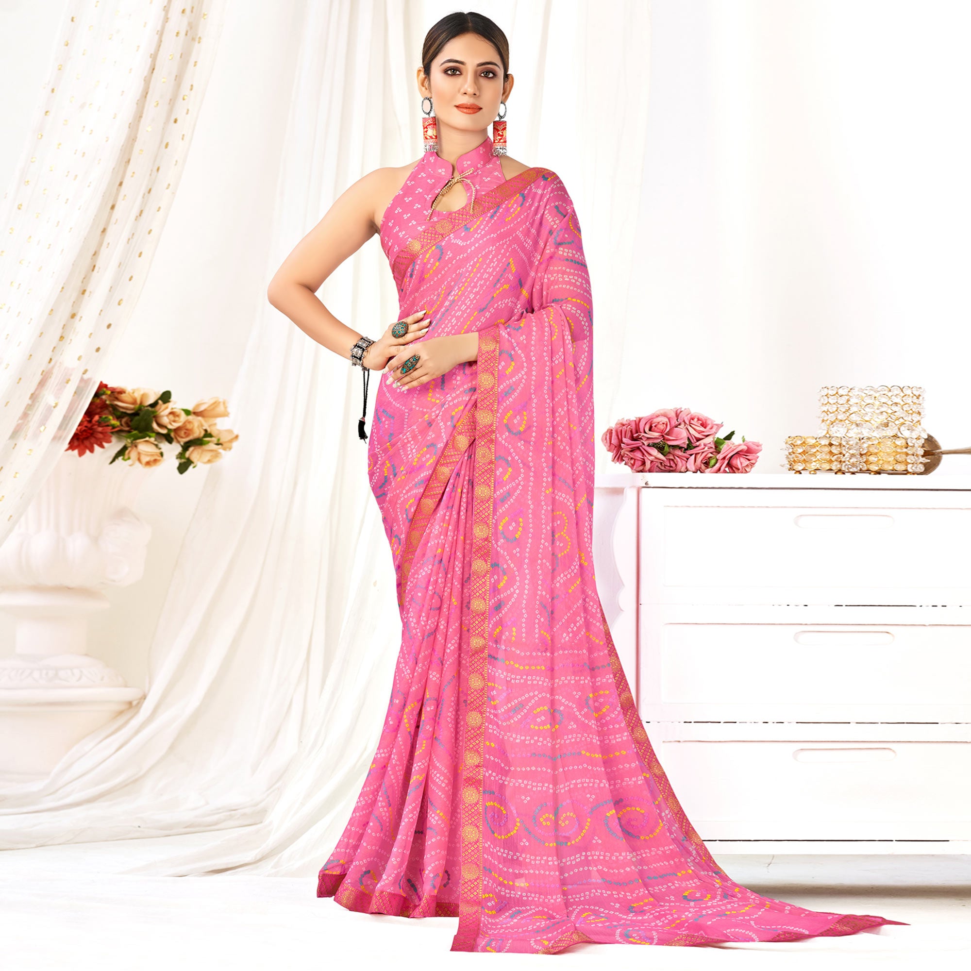 Pink Bandhani Printed Chiffon Saree