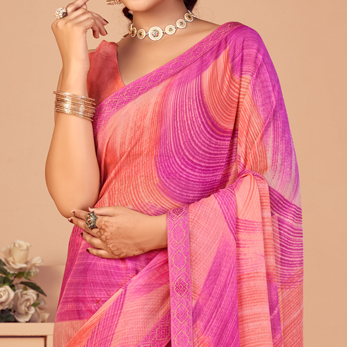 Magenta & Salmon Pink Printed Chiffon Saree With Lace Border